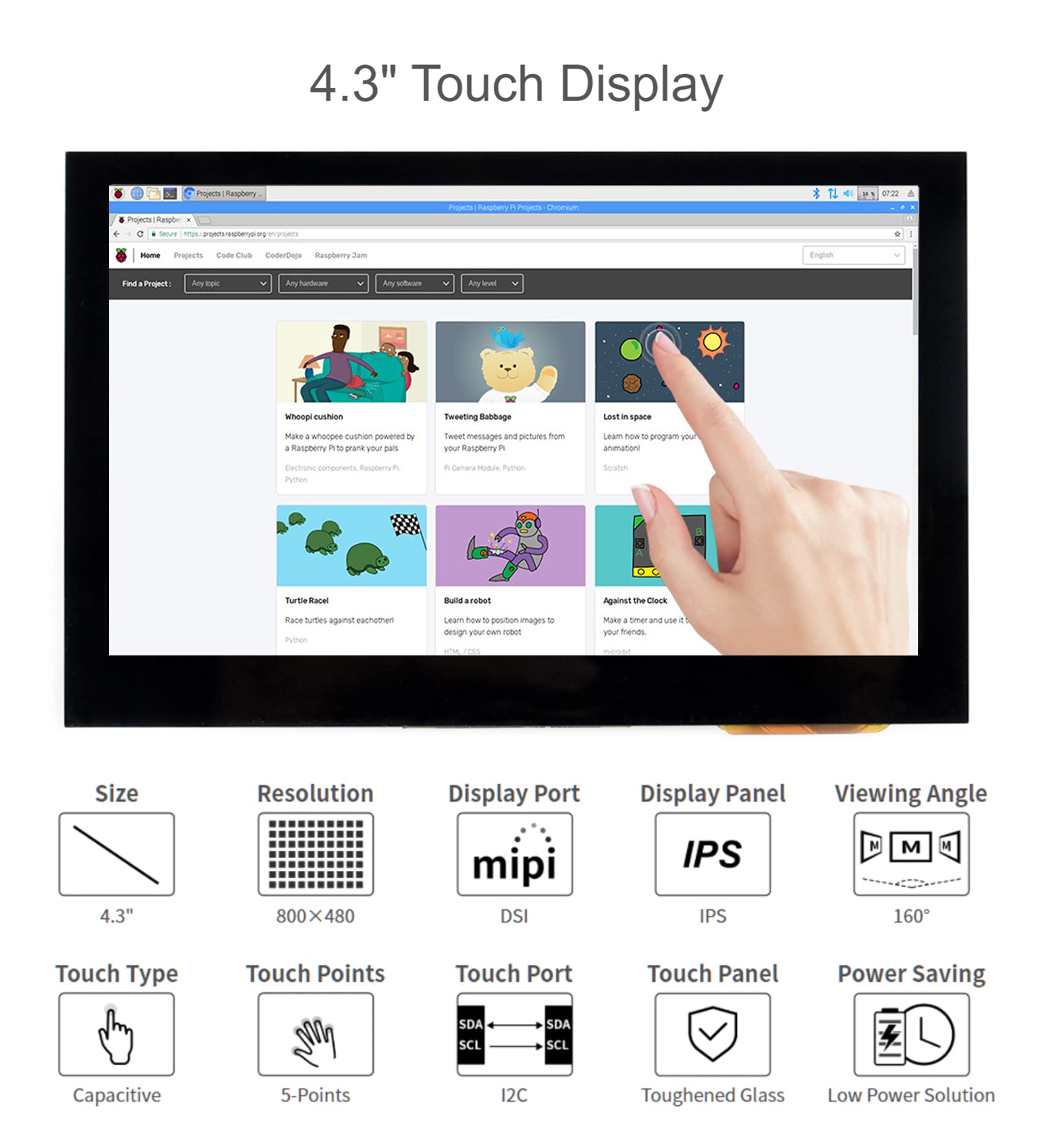 Waveshare 4.3 pollici DSI LCD Display per Raspberry Pi 4B/3B+/3A+/3B/2B/B+/A+ 800×480 Schermo IPS Display Capacitivo Touchscreen Monitor MIPI DSI Interfaccia