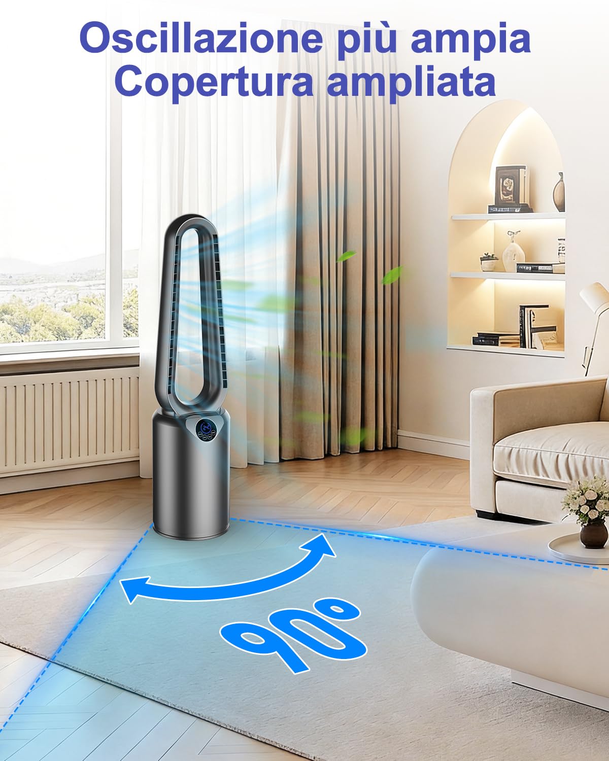 Ventilatore a Torre senza Pale/Silenzioso (25dB), 85 cm con Oscillazione 90° - Telecomando, Timer 12 ore, Purificatore d’Aria, 24 Velocità & 3 Modalità - per Camera da Letto/Casa/Ufficio/Portatile