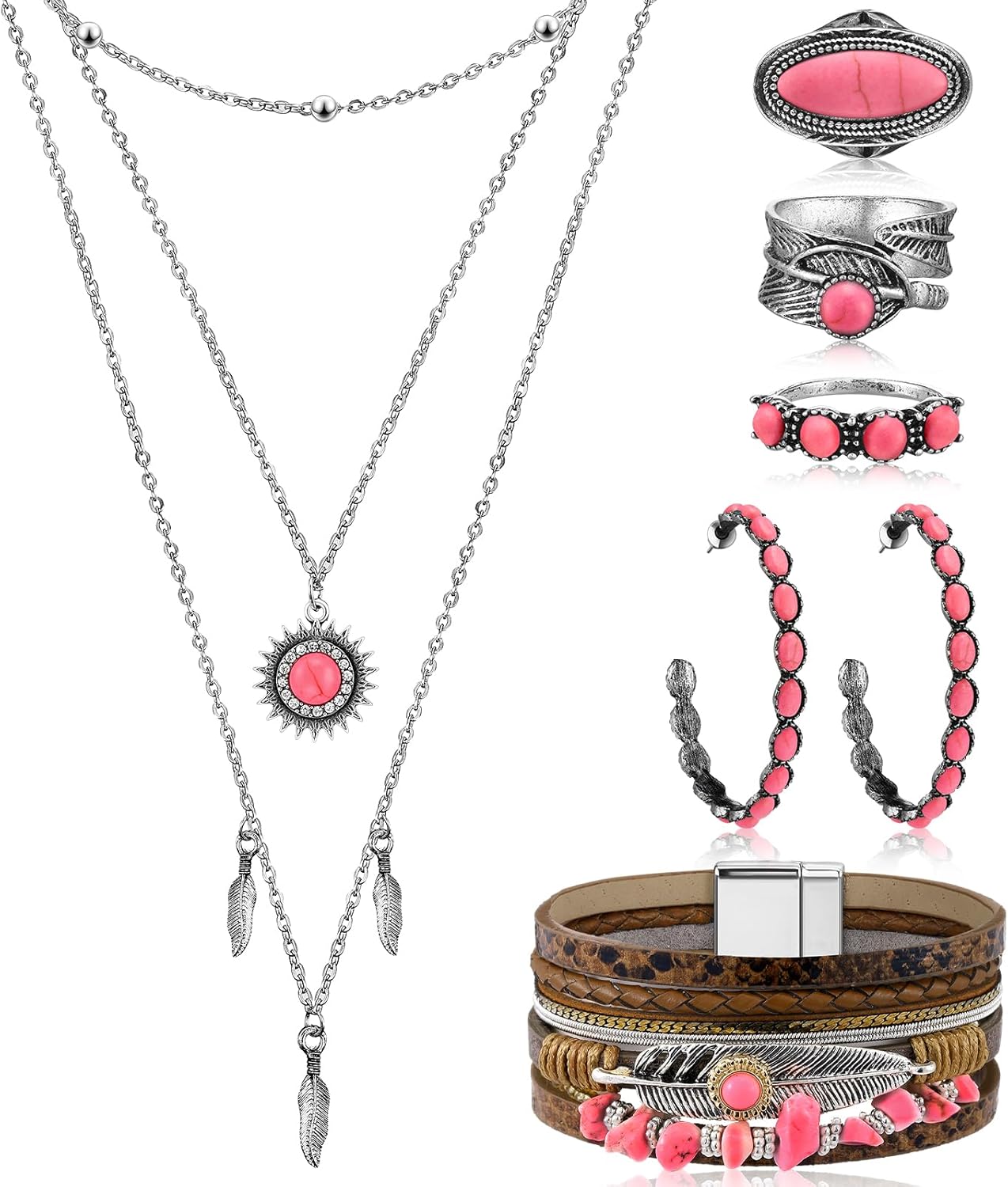 Ecally Bohemian Western Jewelry Turquoise Set Women Country Pendant Long Choker Layered Bracelets Earrings Ring for Women