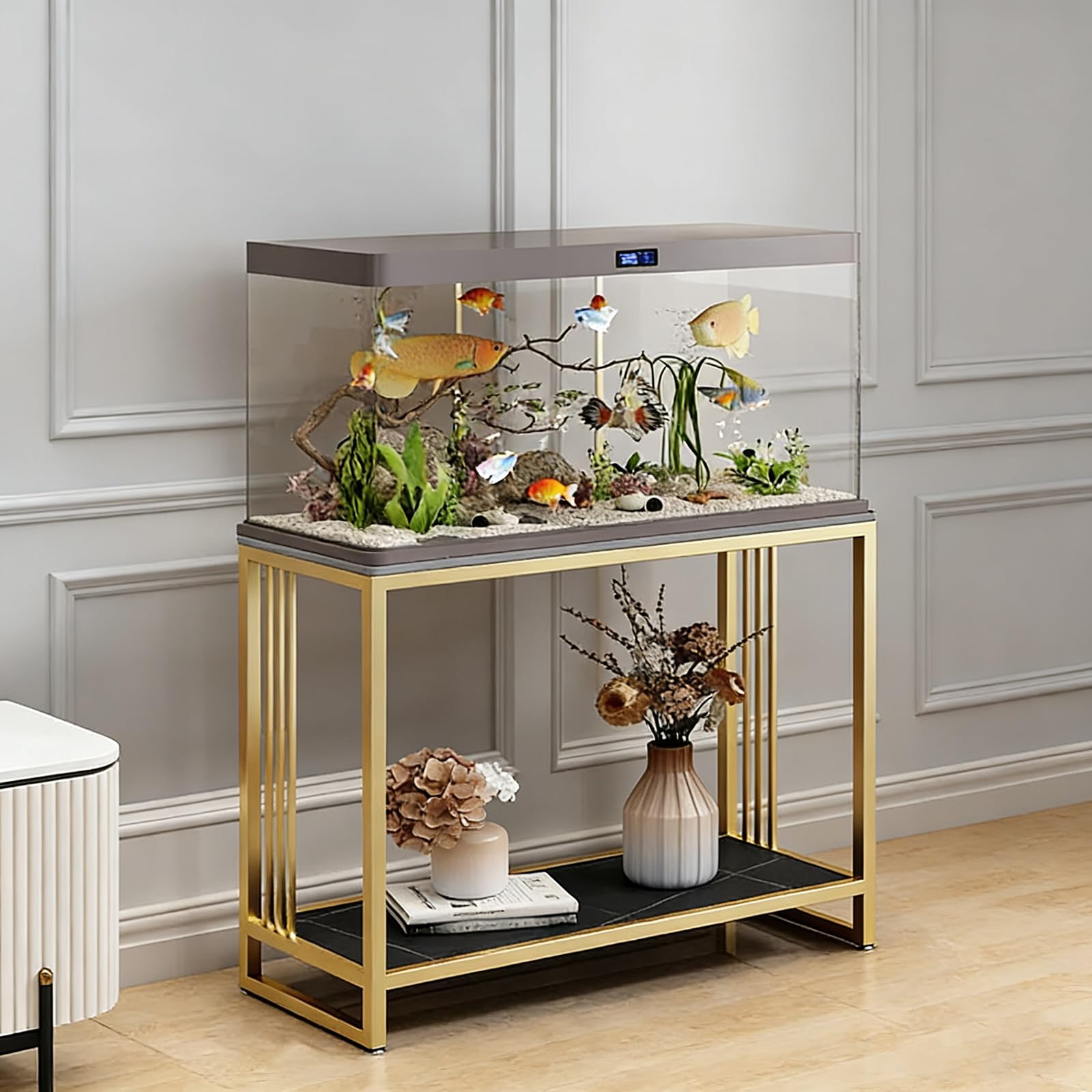 Supporto per acquario con ripiano portaoggetti, in metallo resistente, espositore per acquario per soggiorno e decorazione della casa
