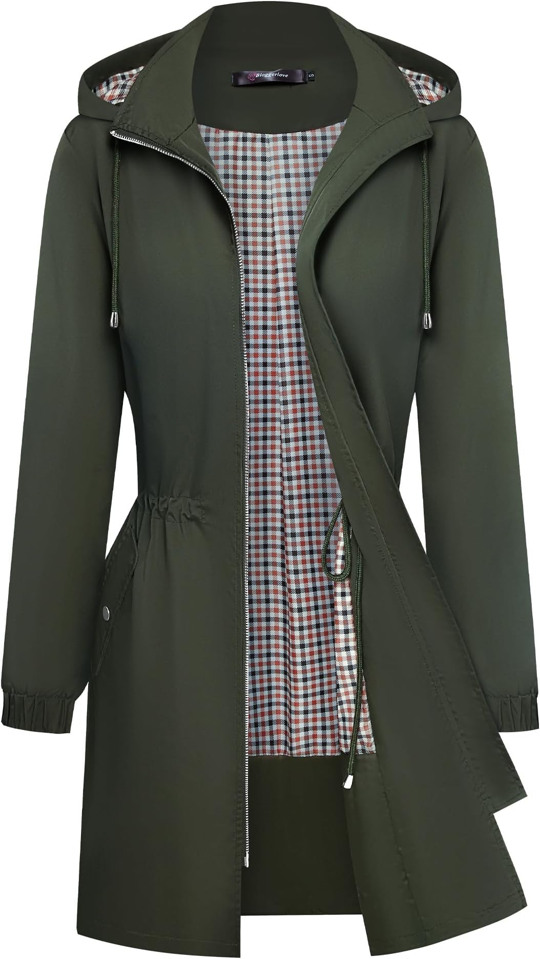 BloggerloveRain Jacket Lightweight Raincoat for Women Hooded Plaid Lined Trench Coats Waterproof Travel Windbreaker