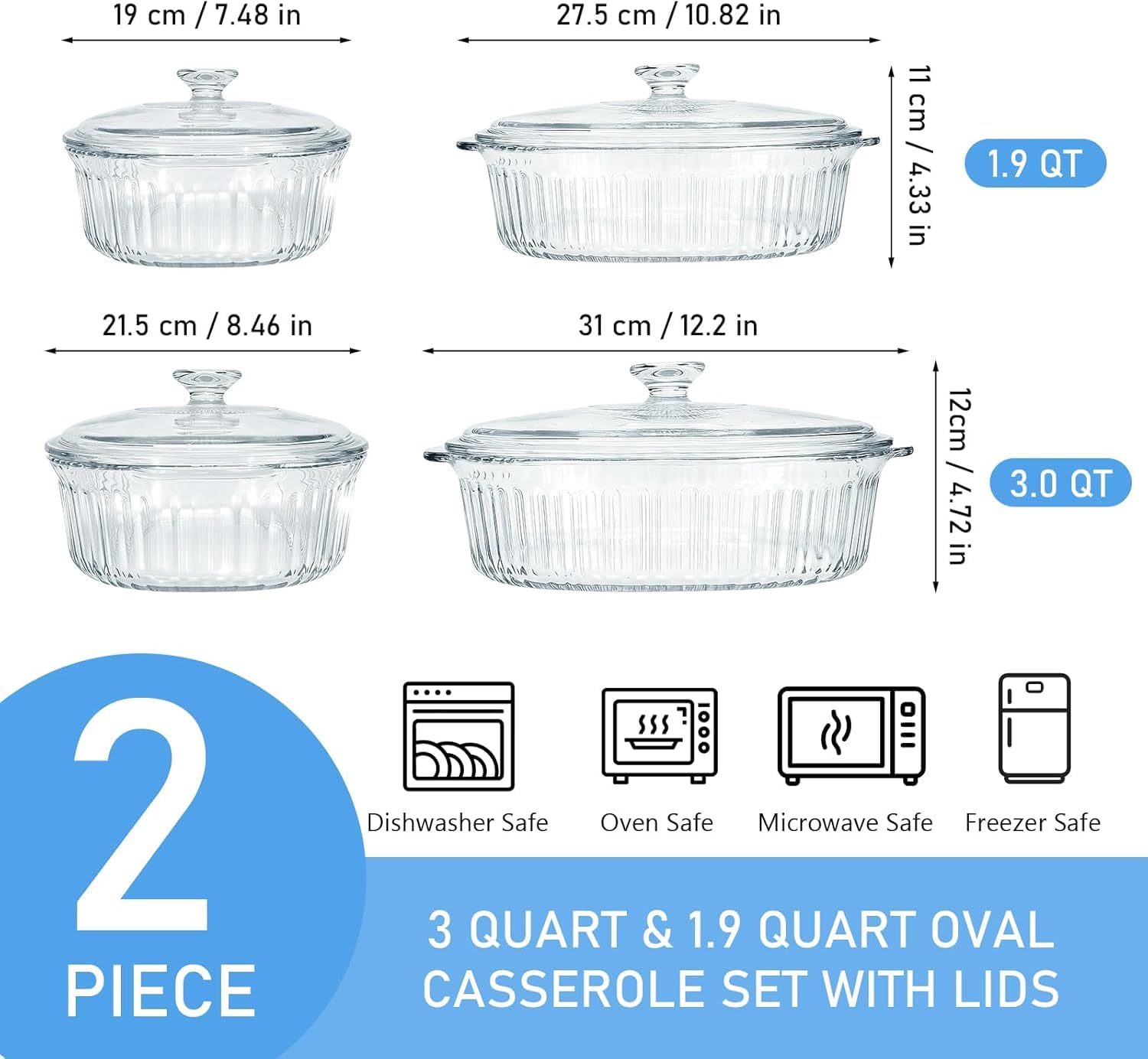 Set di 2 pirofile in vetro con coperchio per forno, 1,9 l e 3 l – Pirofila ovale scanalata in vetro per cuocere lasagne, casseruole, avanzi, cucina e cucina