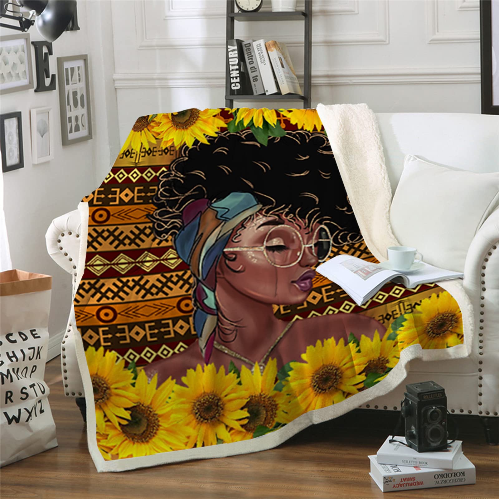 HAVOPAfrican American Girl Sunflower Blanket Throw Plush Fleece Sherpa Blanket for Couch Sofa Bed Thick Soft Winter Blankets 60x80 Inch