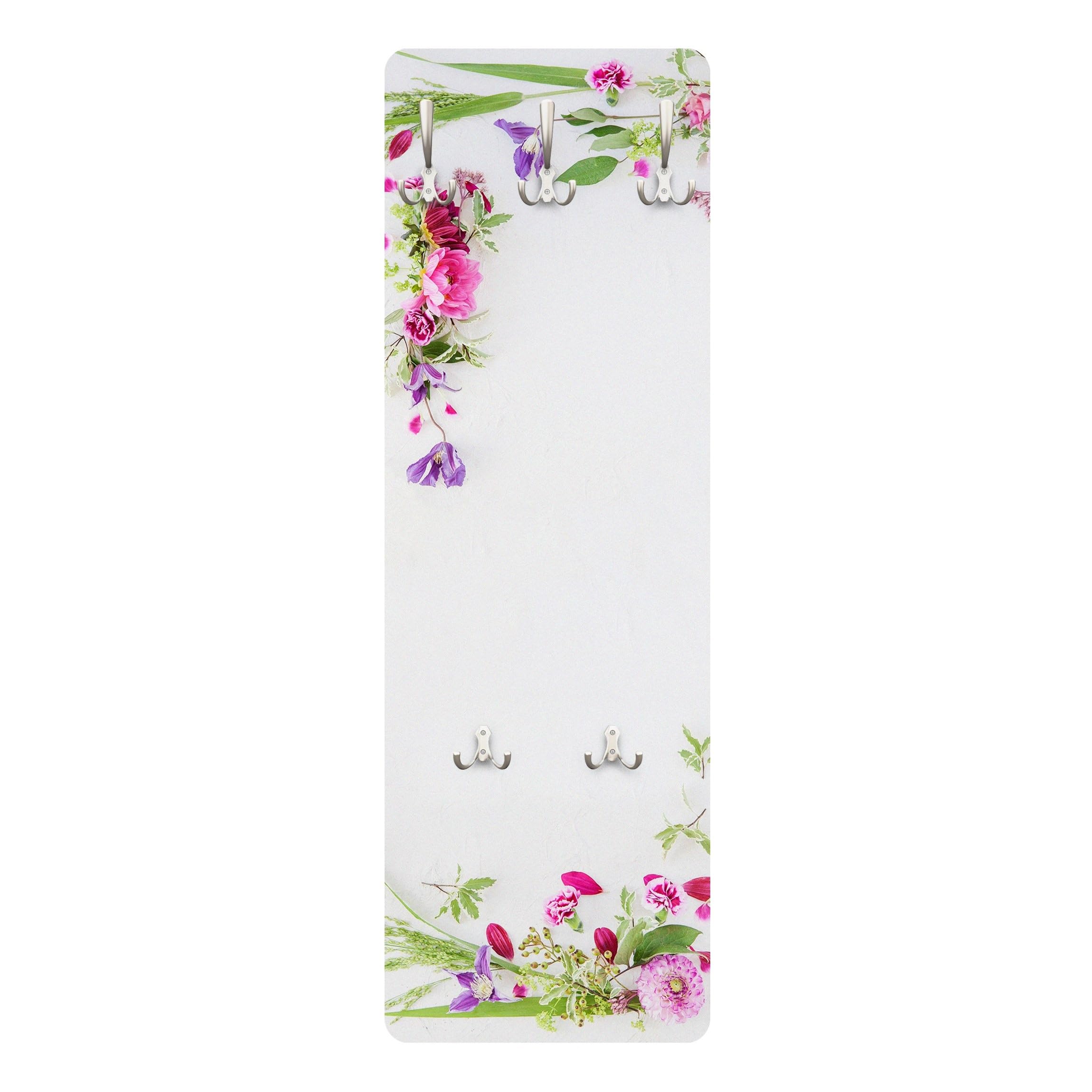 Wandgarderobe inkl. 5 Haken Blumen Floral platzsparendes Design - Made in Germany - Motiv Landhaus Flurgarderobe weiss schmal Garderobenpaneel 2219