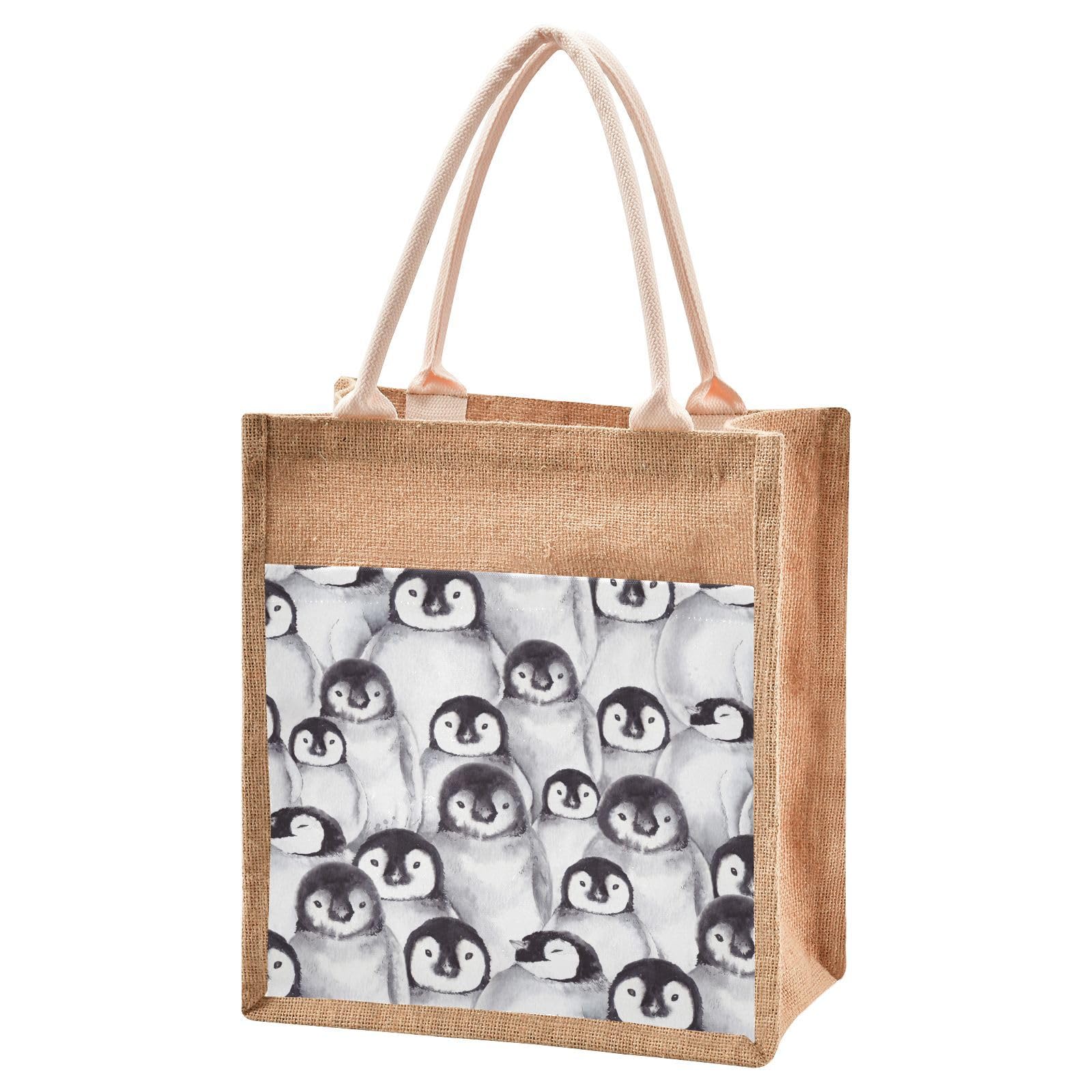 Mnsruu Burlap Jute Tote Bag Many Cute Penguins Reusable Grocery Shopping Bag Beach Tote Bag for Women Girls Bridesmaid Wedding School 32x36x18cm