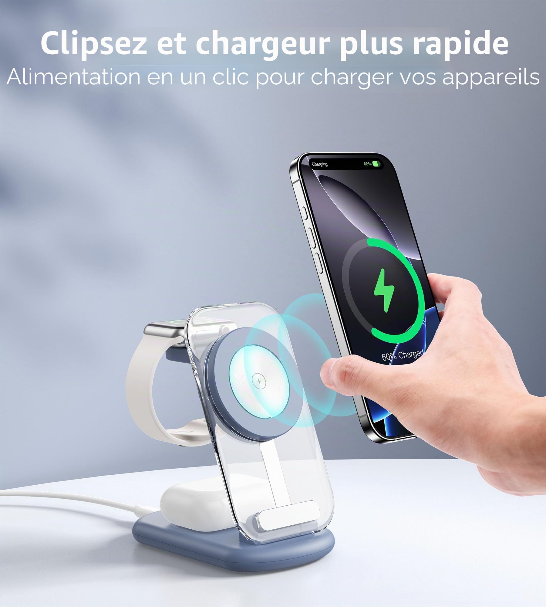 Station de Charge sans Fil magnétique pour appareils Apple, Chargeur Rapide et Pliable pour Voyage, avec lumière Nocturne pour iPhone 16, 15, 14, BU