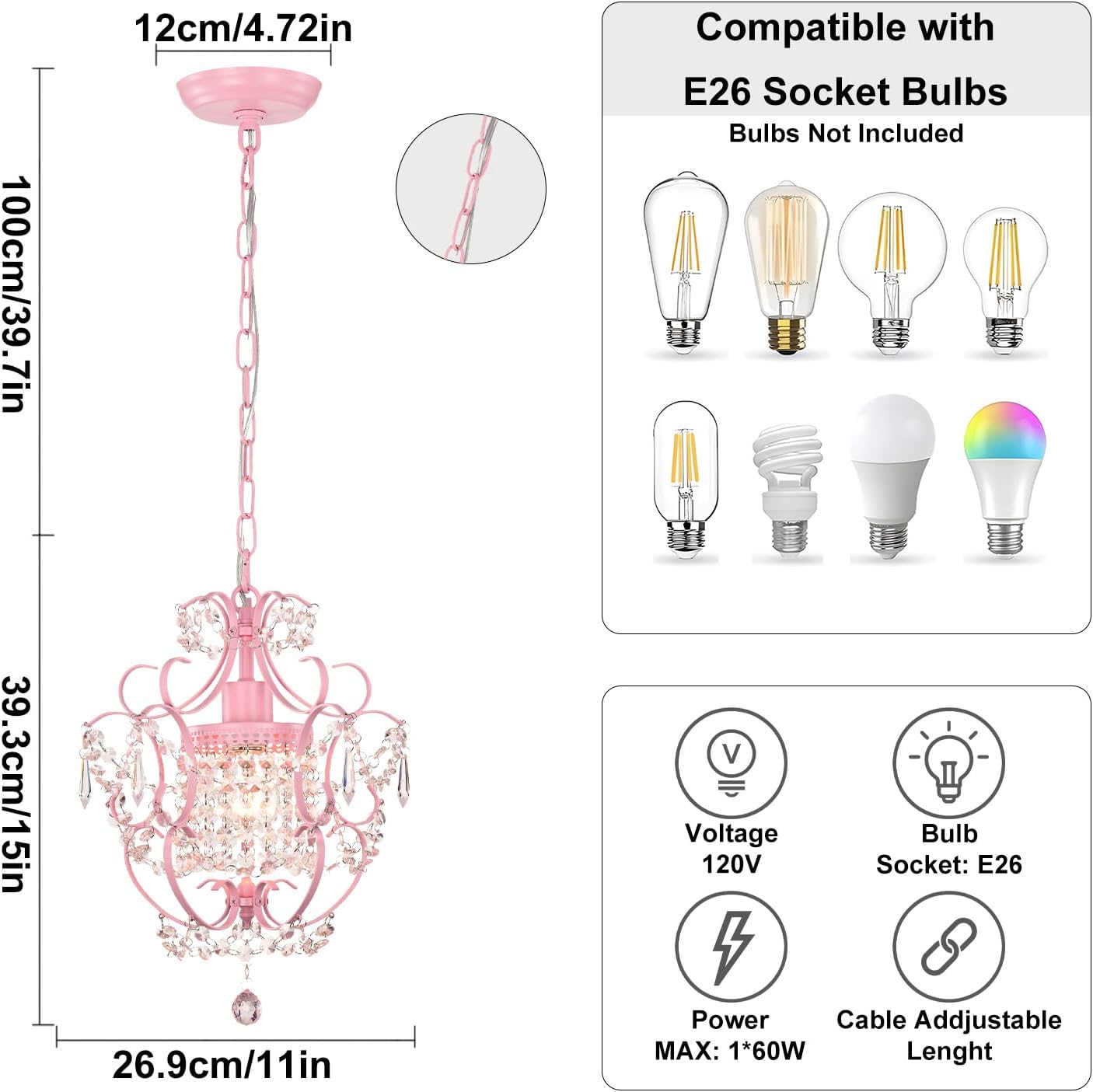 Pink Chandelier for Bedroom, 90% Pre-Assembled 1 Light Small Crystal Chandelier, Mini Acrylic Crystal Ceiling Light Fixture Charming for Girls Room, Closet, Bathroom, Entryway, Dining Room