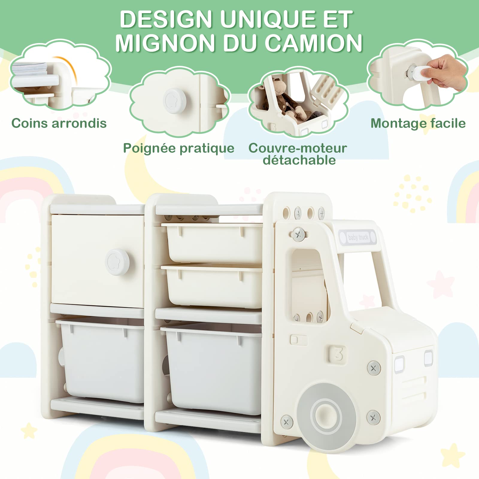 COSTWAY Meuble de Rangement Jouets pour Enfant en Forme Camion avec 2 Bac & 2 Tiroirs, Etagère de Rangement Jouet en HDPE avec 1 Placard, Bibliothèque pour Chambre Salle de Jeux, 110x32x66cm