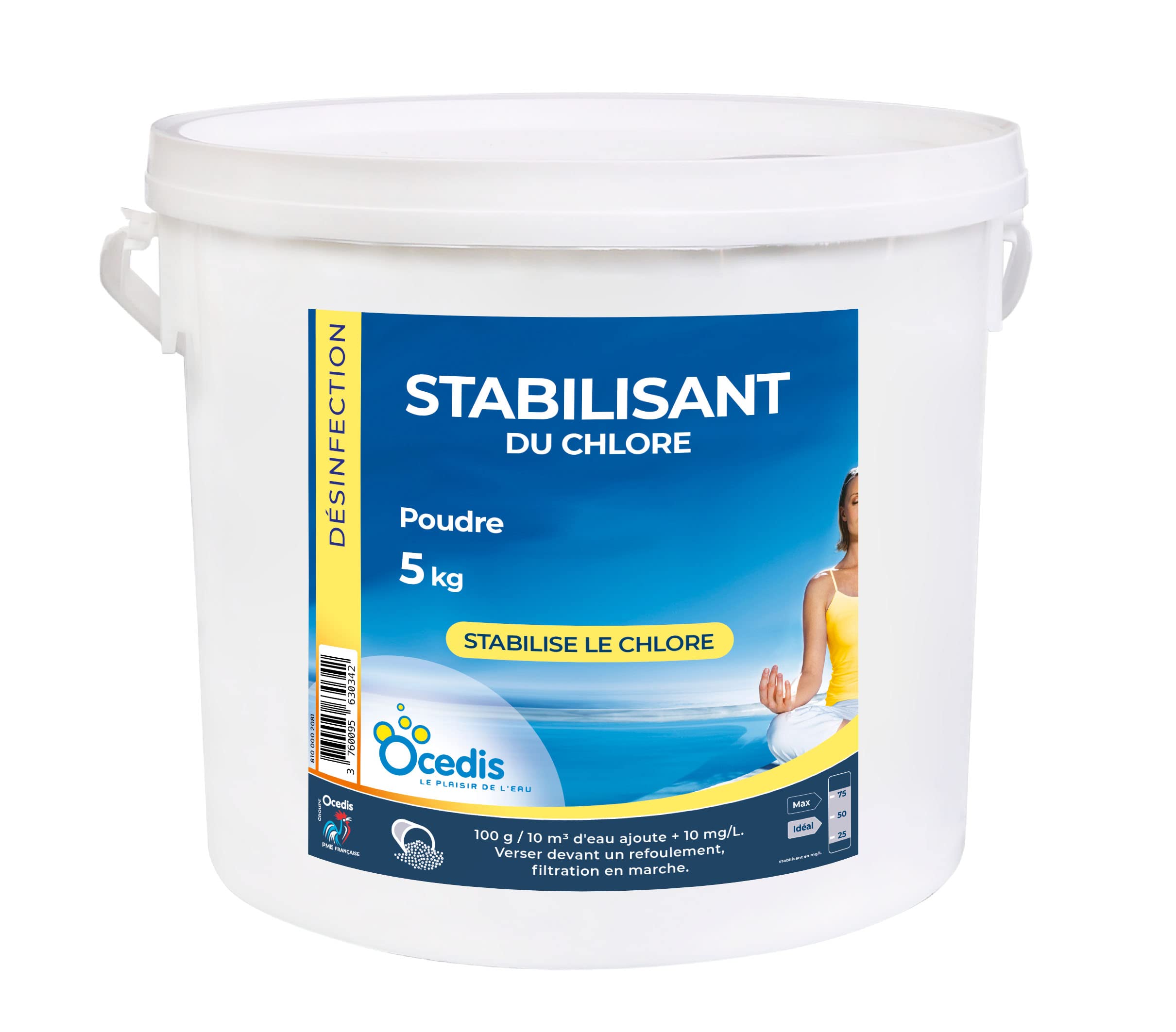 OCEDIS STABILISANT du Chlore Poudre - 5kg | Stabilisant - Stabilisateur du Chlore + 10 Tests HPS OFFERTS 6 en 1