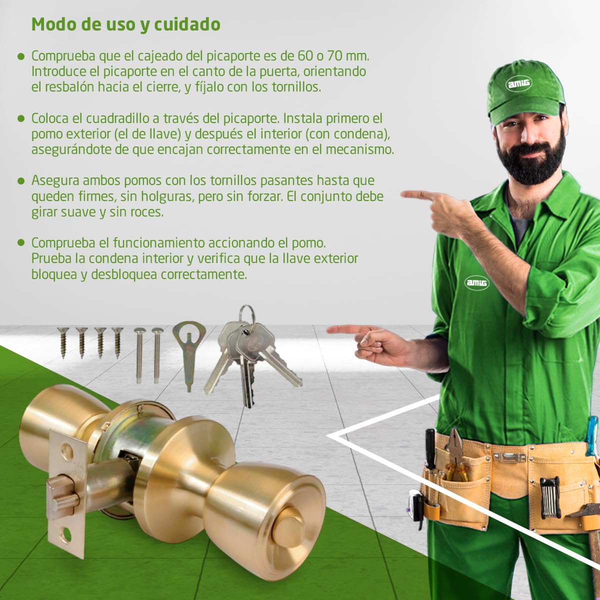 Amig - Juego de Pomos para Puerta de Entrada Interior - Para Puertas de Madera 35‑45 mm - Picaporte 60/70 mm con Condena Interior - Instalación con Agujero Ø54 - Latón Mate - Mod. 600