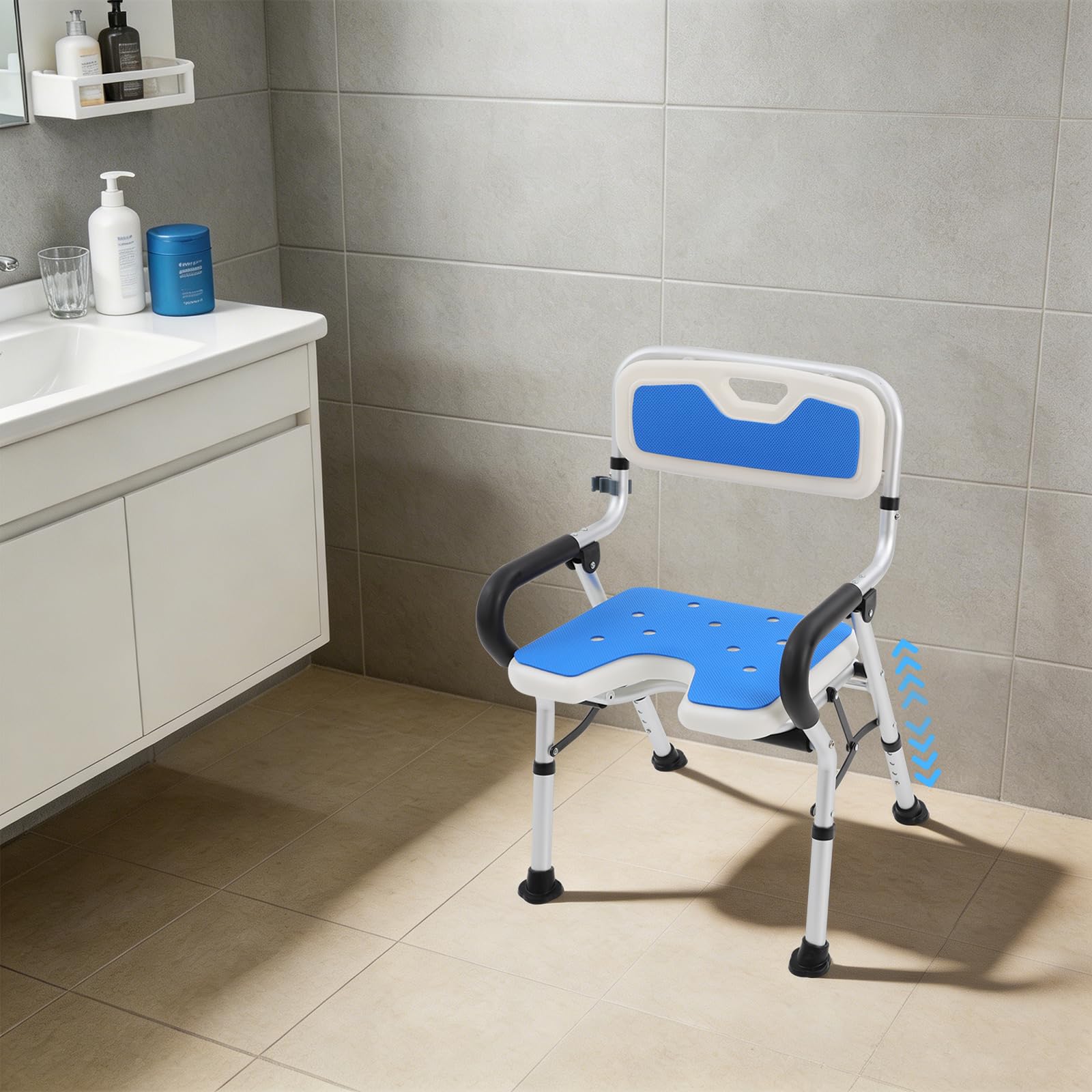 Silla de ducha plegable de 150 kg, 4 niveles de altura, con asiento antideslizante y soporte para alcachofa de ducha, color azul