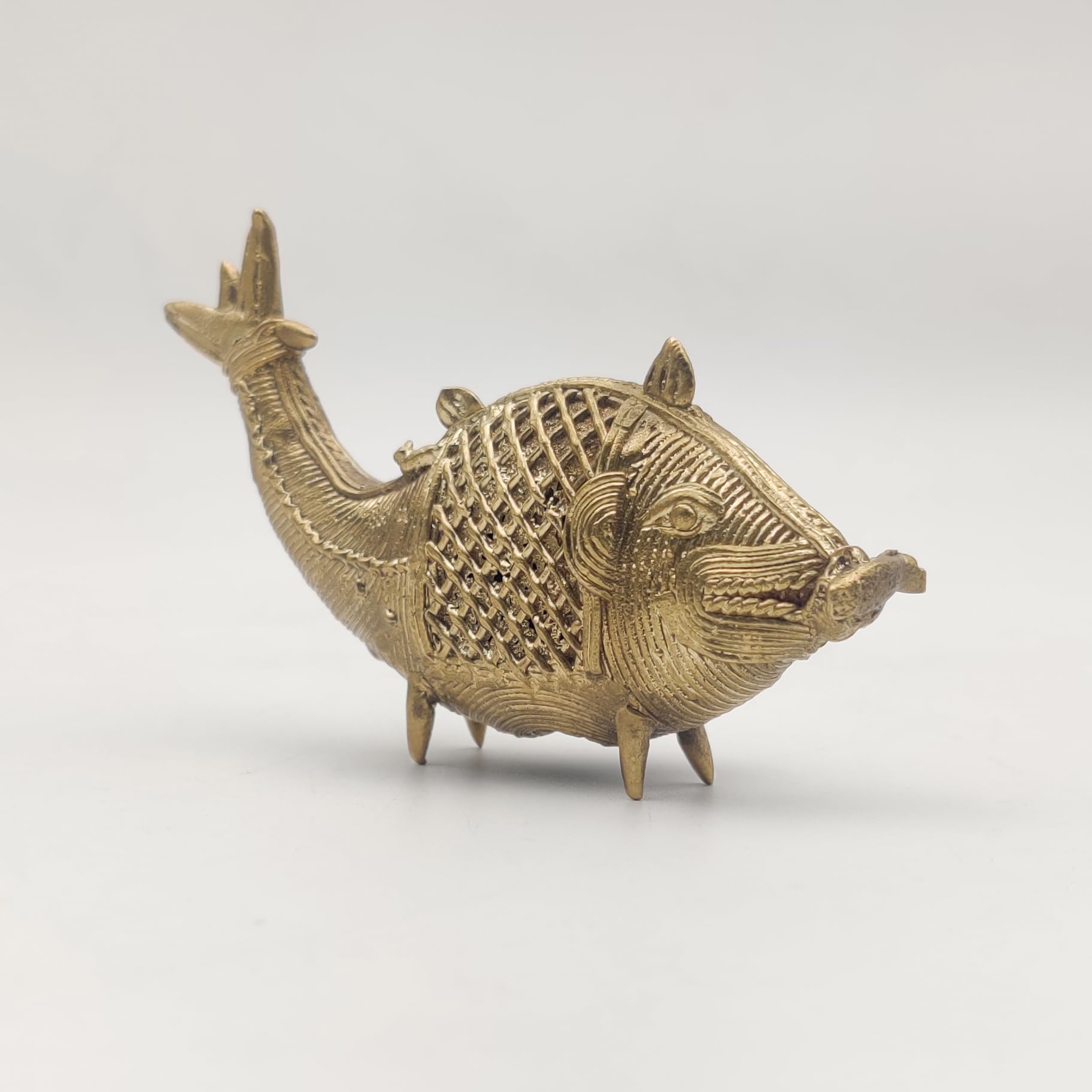 Golden Fish Representation - Handmade Indian Authentic Dhokra Metal Small Statue for Living Room, Vintage Collection, Antique