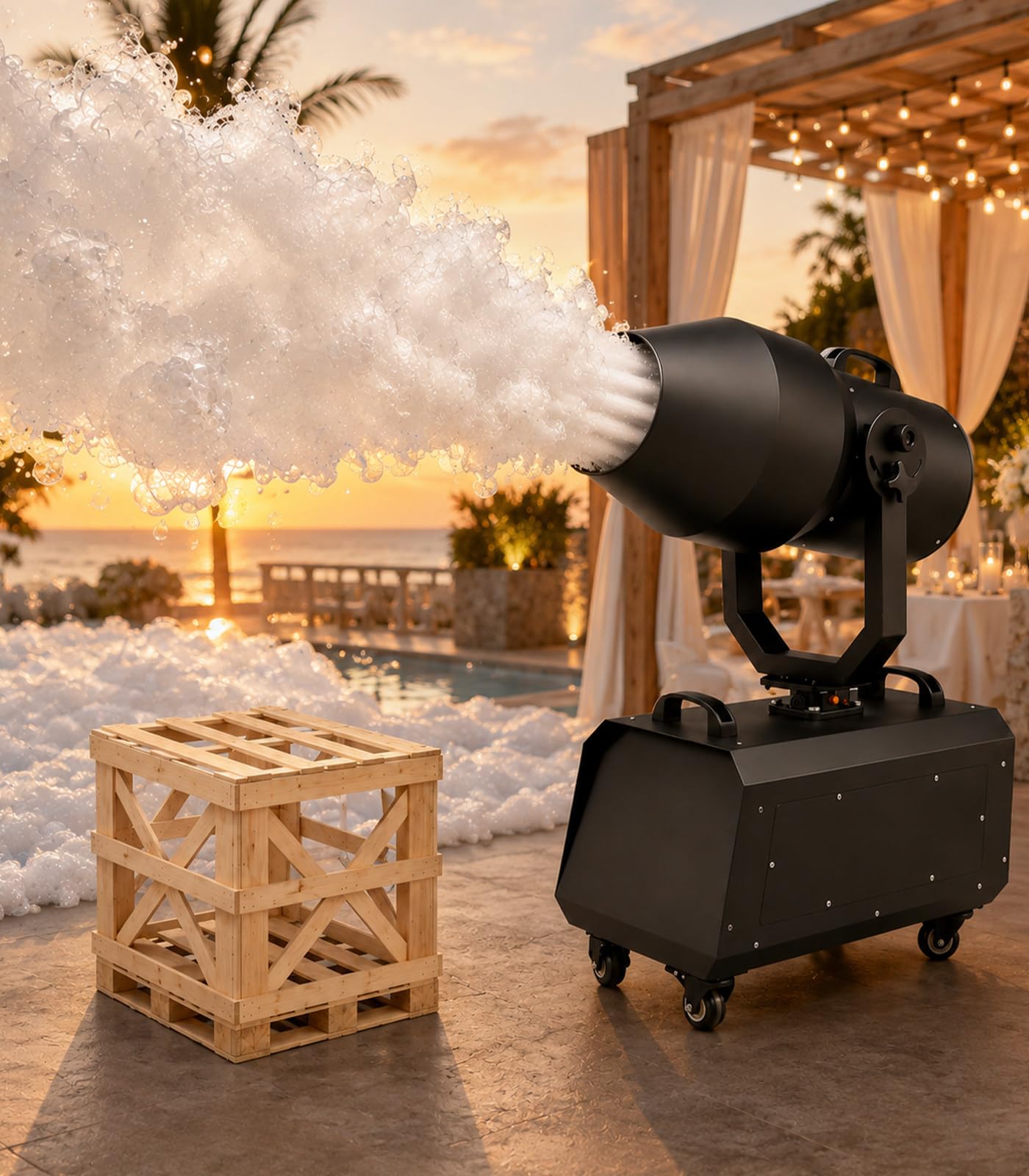 Macchina per Schiuma da 2000 W per Feste ed Effetti scenici all'aperto; generatore di Schiuma oscillante con Una gittata Fino a 8 m e Una Copertura di 80 m². Woodenframepackaging