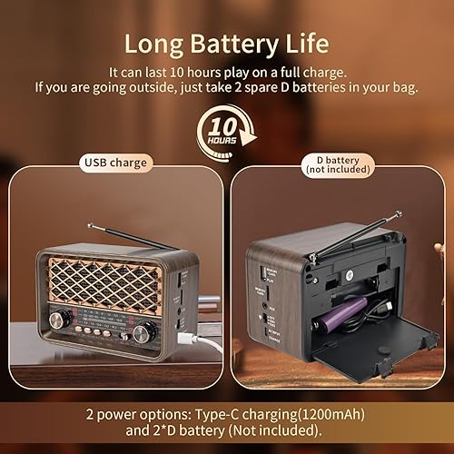 Miniatura 7 de Radio de transistor retro, altavoz Bluetooth portátil manos libres con batería AM FM SW Radio, reflector LED, batería recargable de iones de litio,
