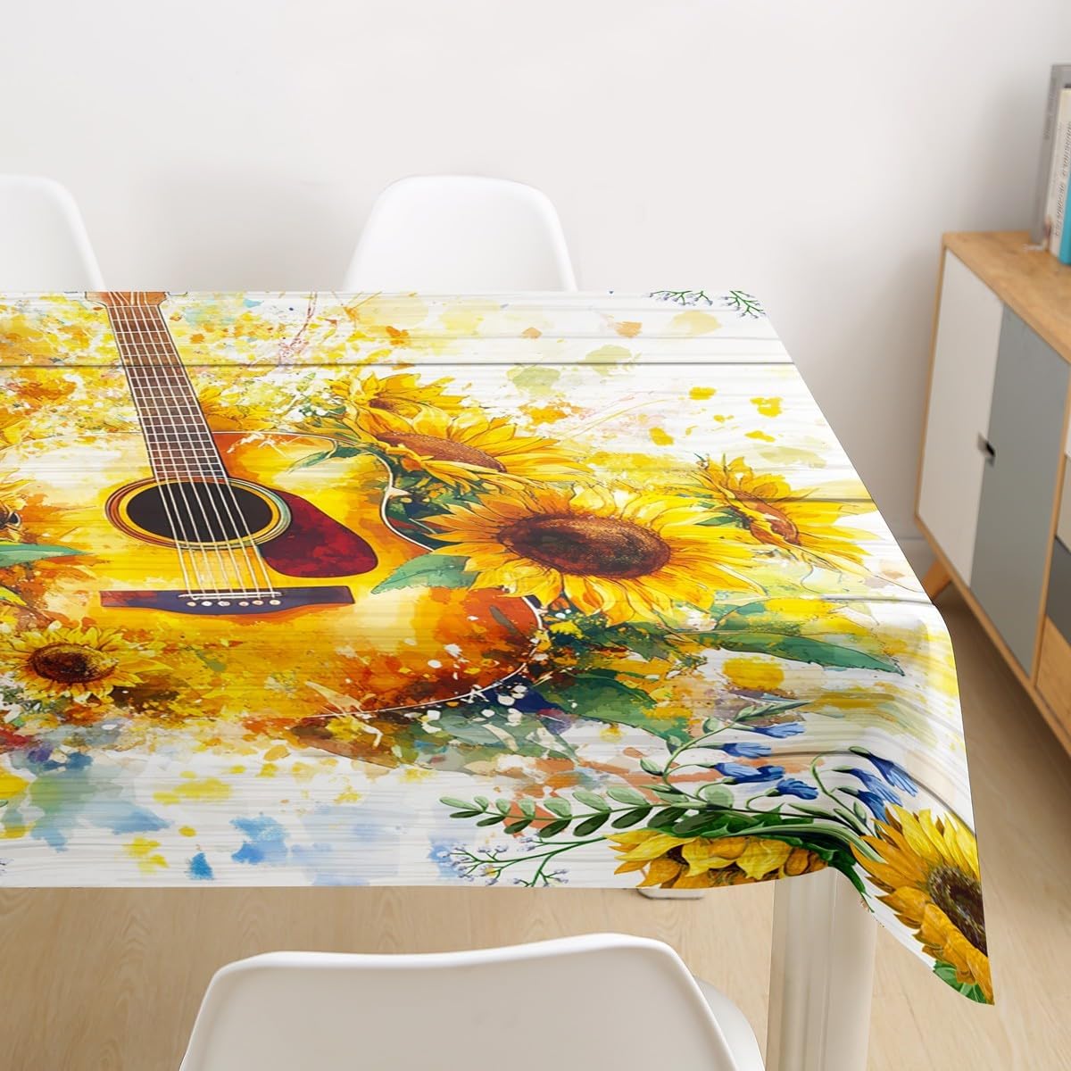 Homewish Sunflower Tablecloths,Guitar Music Theme Table Cloth for Kids Boys Girls Adult Room Decor,Rustic Farmhouse White Wooden Table Accessories Watercolor Floral Table Cover,55"x55" image 2