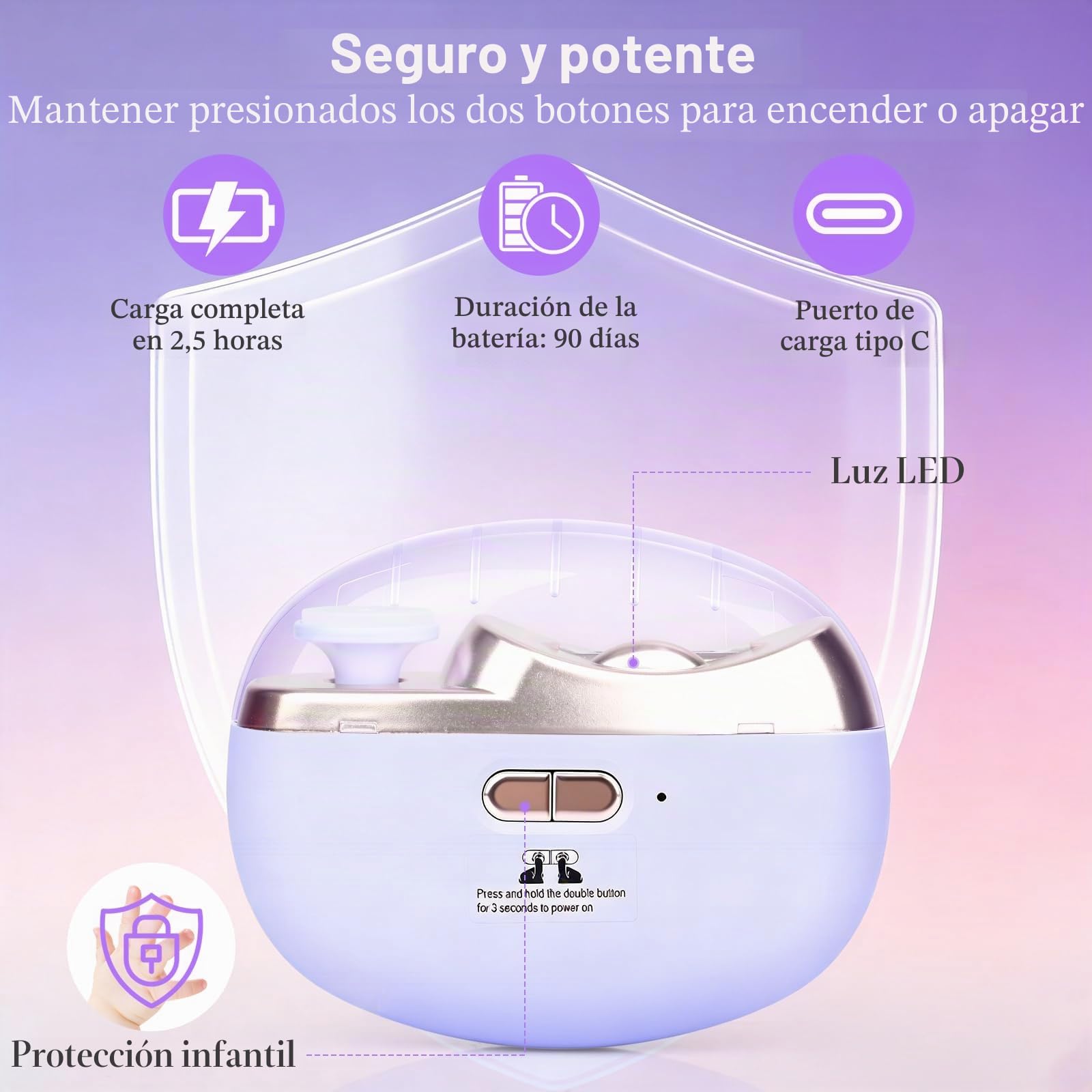 Cortauñas Electrico Pies y Manos 3-en-1 Corta Uñas Electrico Hombre 400mAh Recargable Cortador de Uñas Electricos Luz LED Función Cortar Lijar y Pulir 2 Velocidades para Bebé Niño Adulto