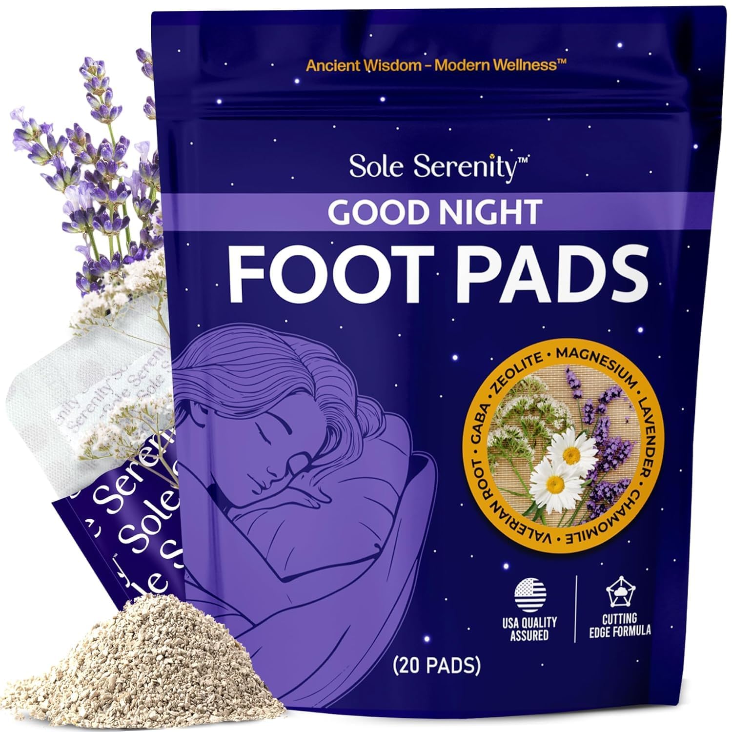 Lure Essentials Sole Serenity Good Night Foot Pads with Magnesium Glycinate, Valerian Root, Lavender (Calming) (20 Pads, Calm Sleep)