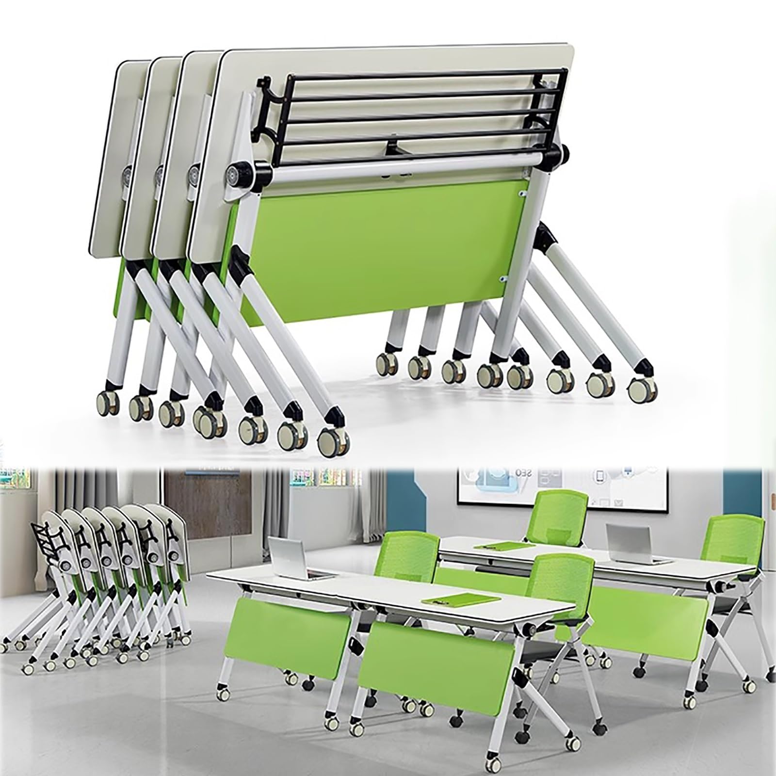 Mesa de sala de conferencias, paquete de 4 mesas de entrenamiento plegables móviles con tapa abatible y estante de almacenamiento para seminarios de oficina