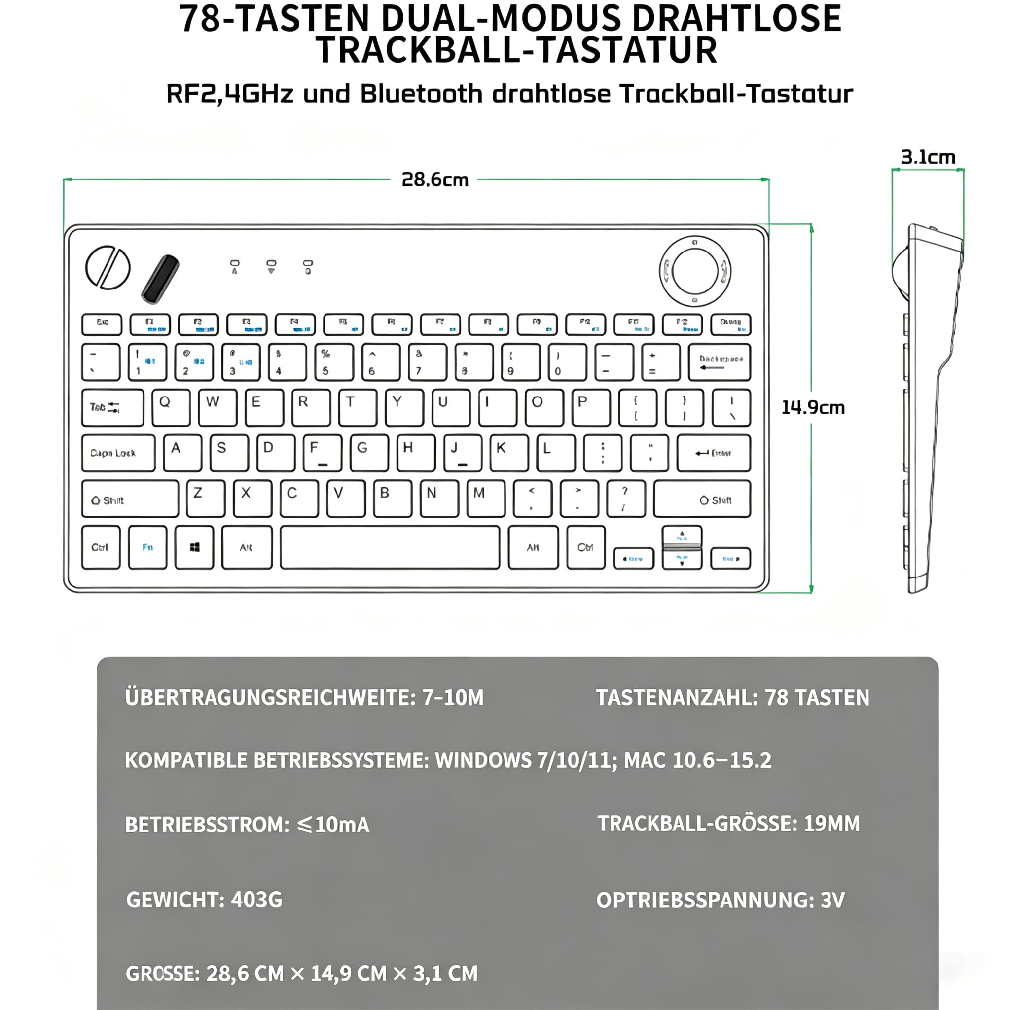 JOMAA Clavier trackball sans fil rétroéclairé à trois modes, 78 touches, 800-1600 CPI réglable, ergonomique, rechargeable, silencieux Bluetooth 5.4/2.4G/filaire