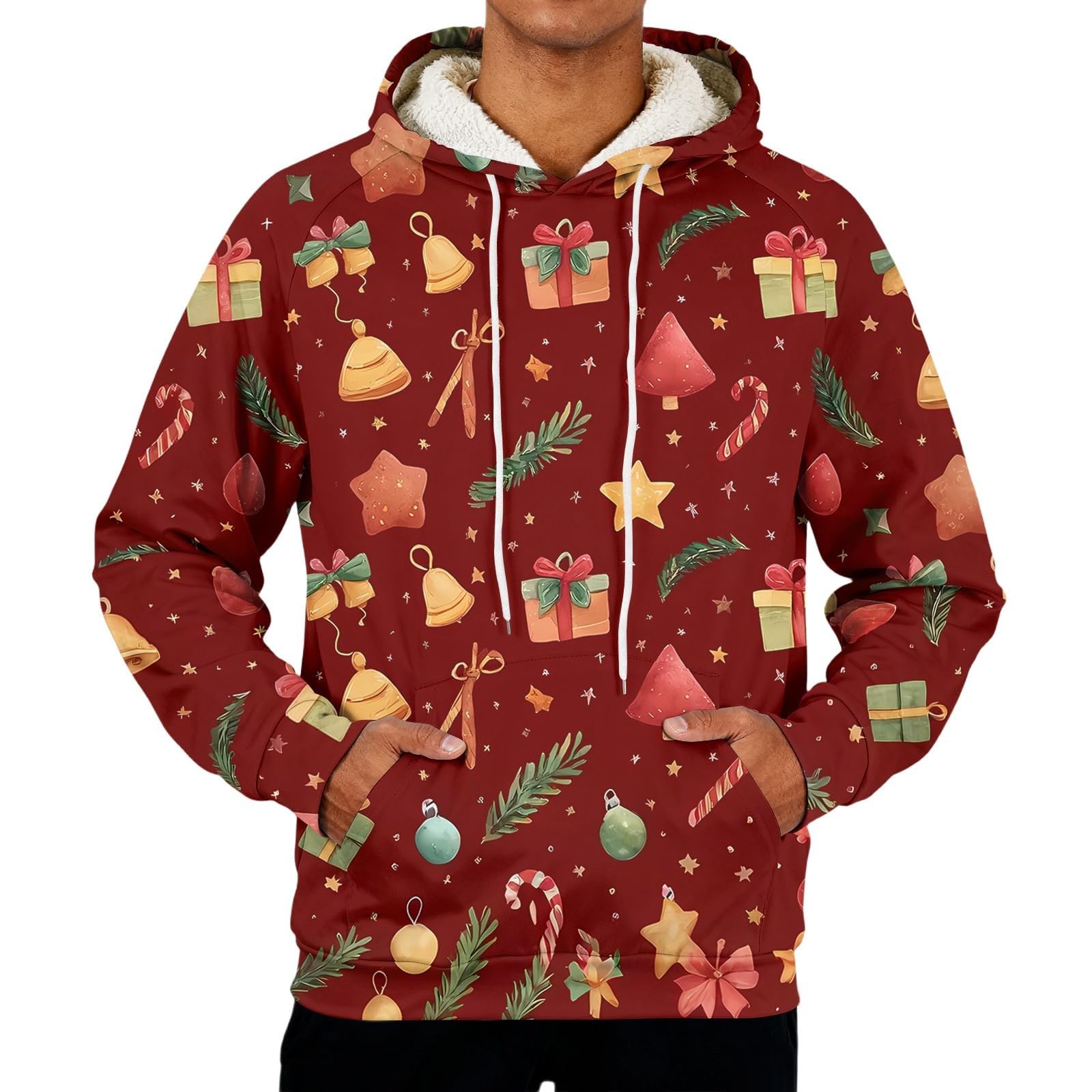 Sudaderas con capucha de Navidad forradas de forro polar para hombre divertidos renos árbol de Navidad sudaderas oversize de manga larga top cálido sherpa suéter novedad traje de Navidad ropa de