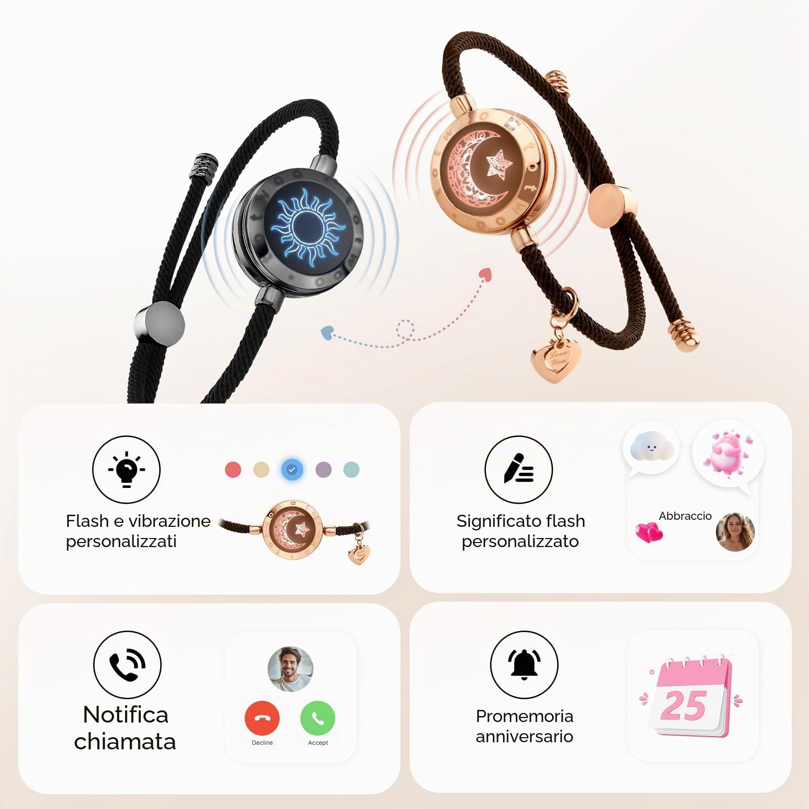 TOTWOO Braccialetto Touch per Coppia Regali di San Valentino per Lui Lei Braccialetti con Vibrazione e Illuminazione Regali a Lunga Distanza per LDR Un-to-One Bluetooth accoppiamento tramite App, 21CM