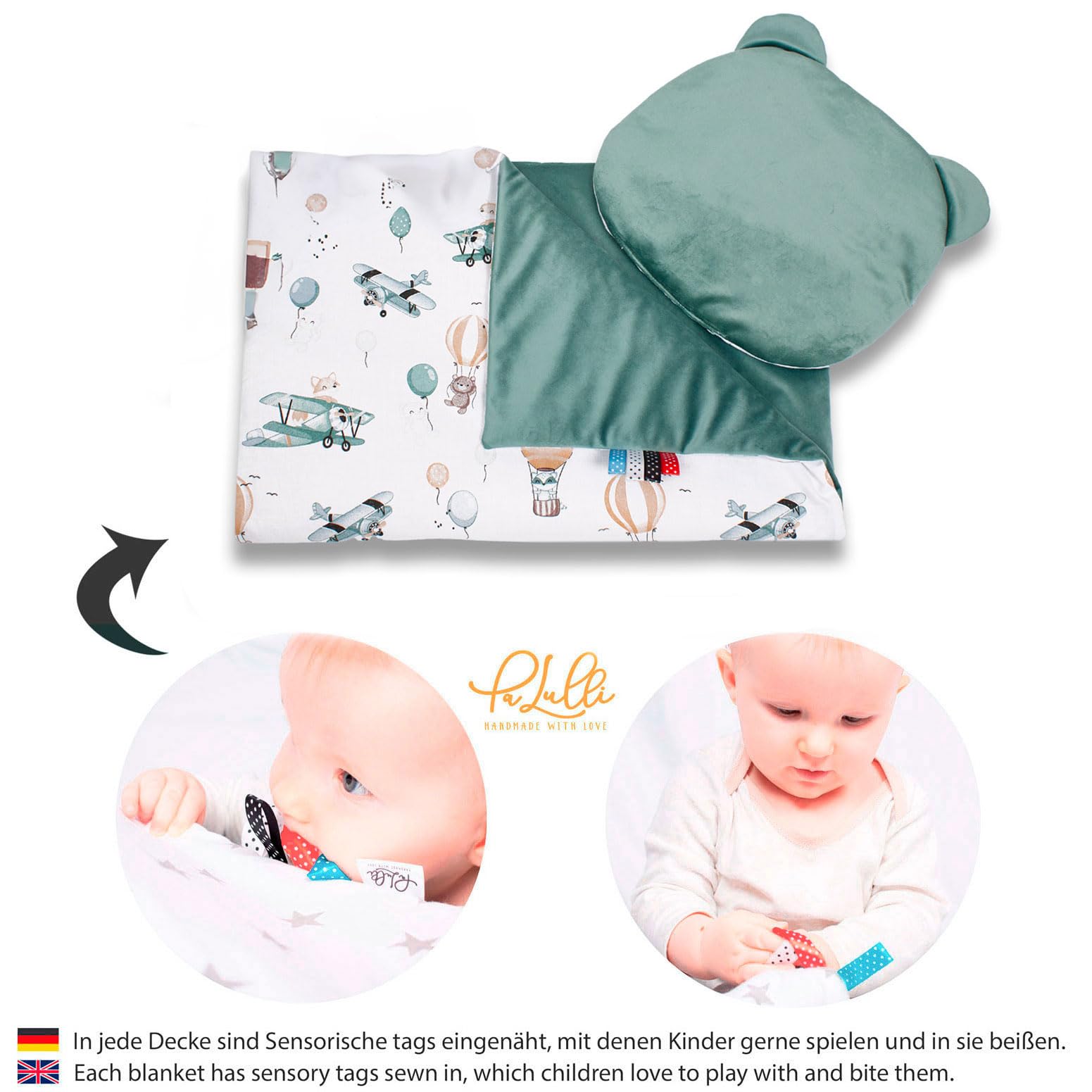 PaLulli 4-TLG Premium Velvet Baby Ausstattung-Set Kuschelnest Babynest 100x55cm herausnehmbarer Baby-Matratze, Kuscheldecke Flachkissen Babybett 100% Baumwolle Hypoallergisch (Baloon)
