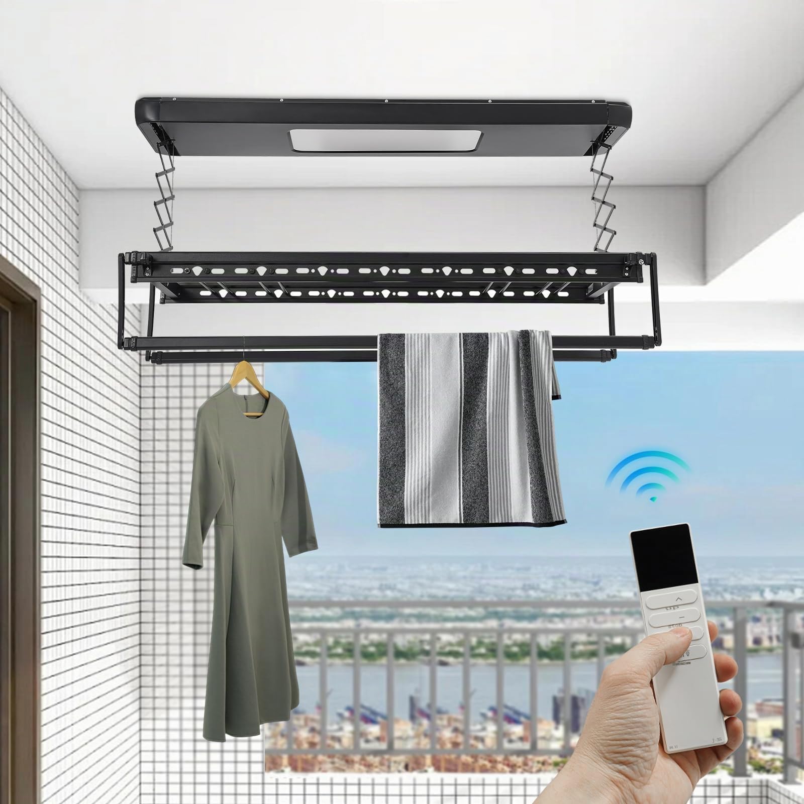 Stendibiancheria a soffitto, stendibiancheria da soffitto, essiccatore elettrico da soffitto, essiccatore da soffitto con 8 aste orizzontali, 2 aste estraibili, capacità di carico totale 35 kg