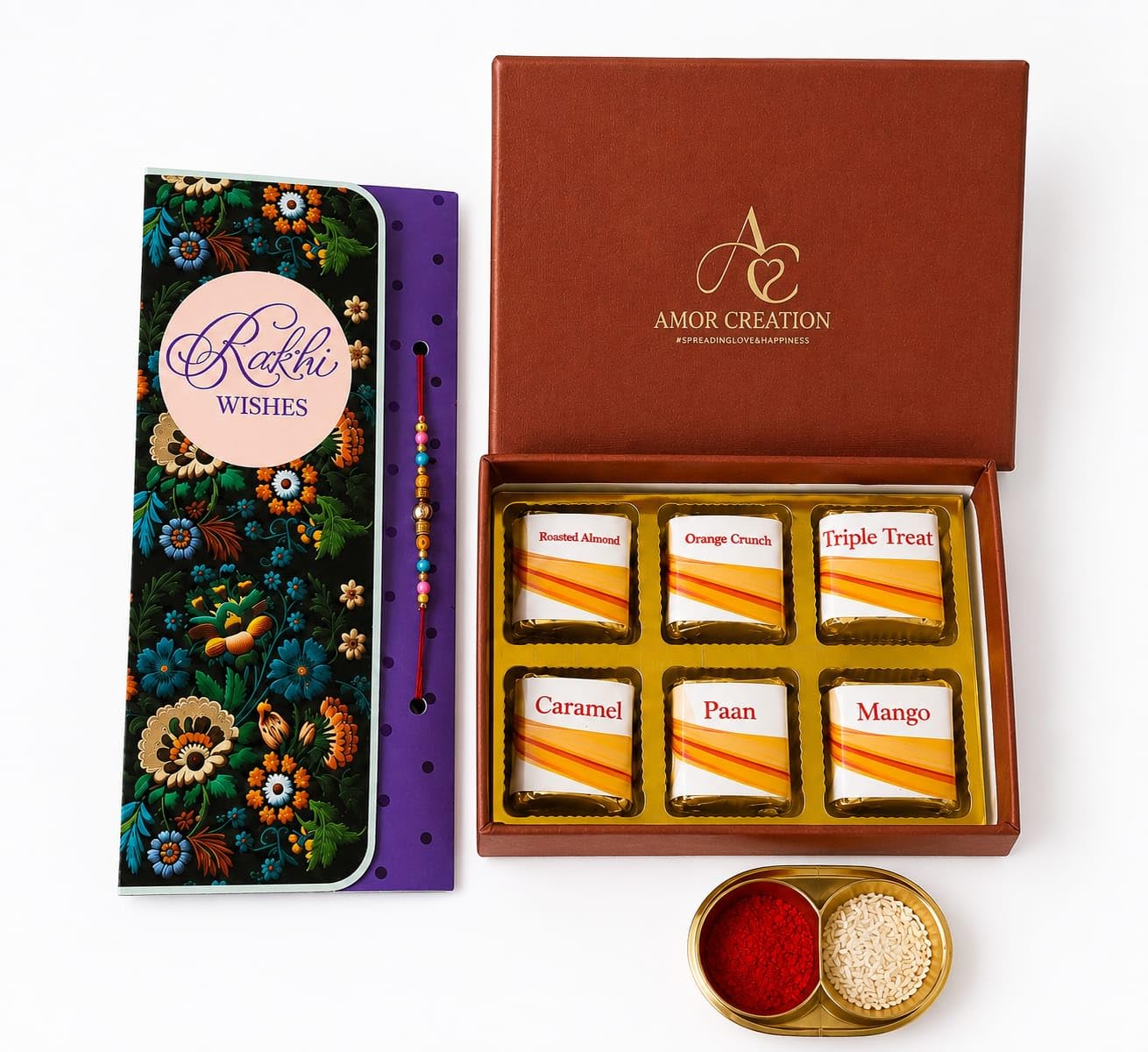 AMOR CREATION Rakhi Gift Combo | 6 Handmade Assorted Chocolates with Rakhi & Multi-Design Rakhi Card | Raksha Bandhan Gift Box for Brother | Chocolate Gift Hamper-image-14