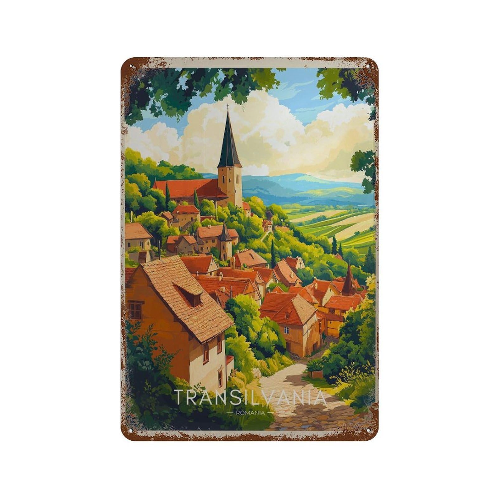 xiaoxiaoshen Transylvania Travel Romania Village Wall Decor Art Metal Tin Poster Modern Home Decor Art Home Bar Shop Decorations Vintage Sign 30x20cm