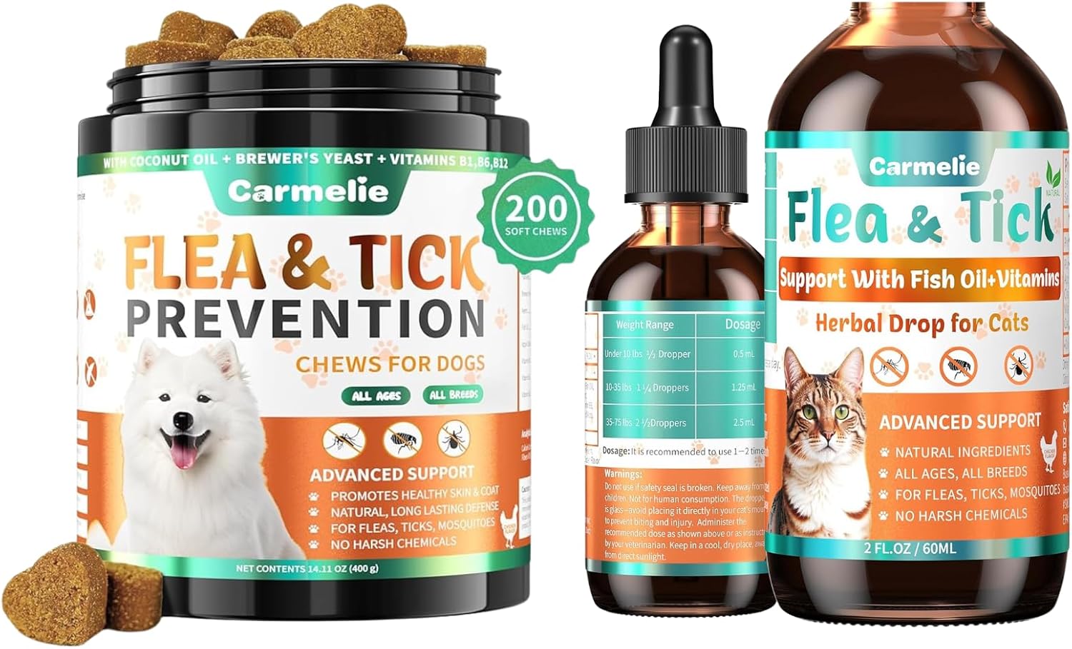 Flea and Tick Support Bundle for Dogs and Cats – Oral Flea Drops for Cats + Flea Chews for Dogs – Natural Flea Prevention for All Breeds & Ages – Chicken Flavor