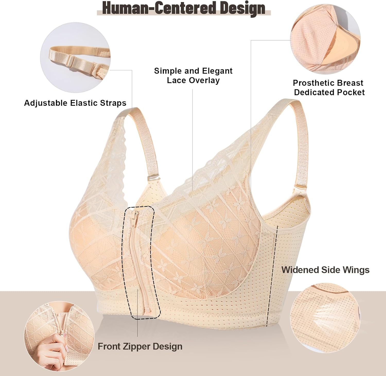Front Zipper Mastectomy Bra, Wireless Comfort Bra for Post Op Recovery & Everyday Bras for Women