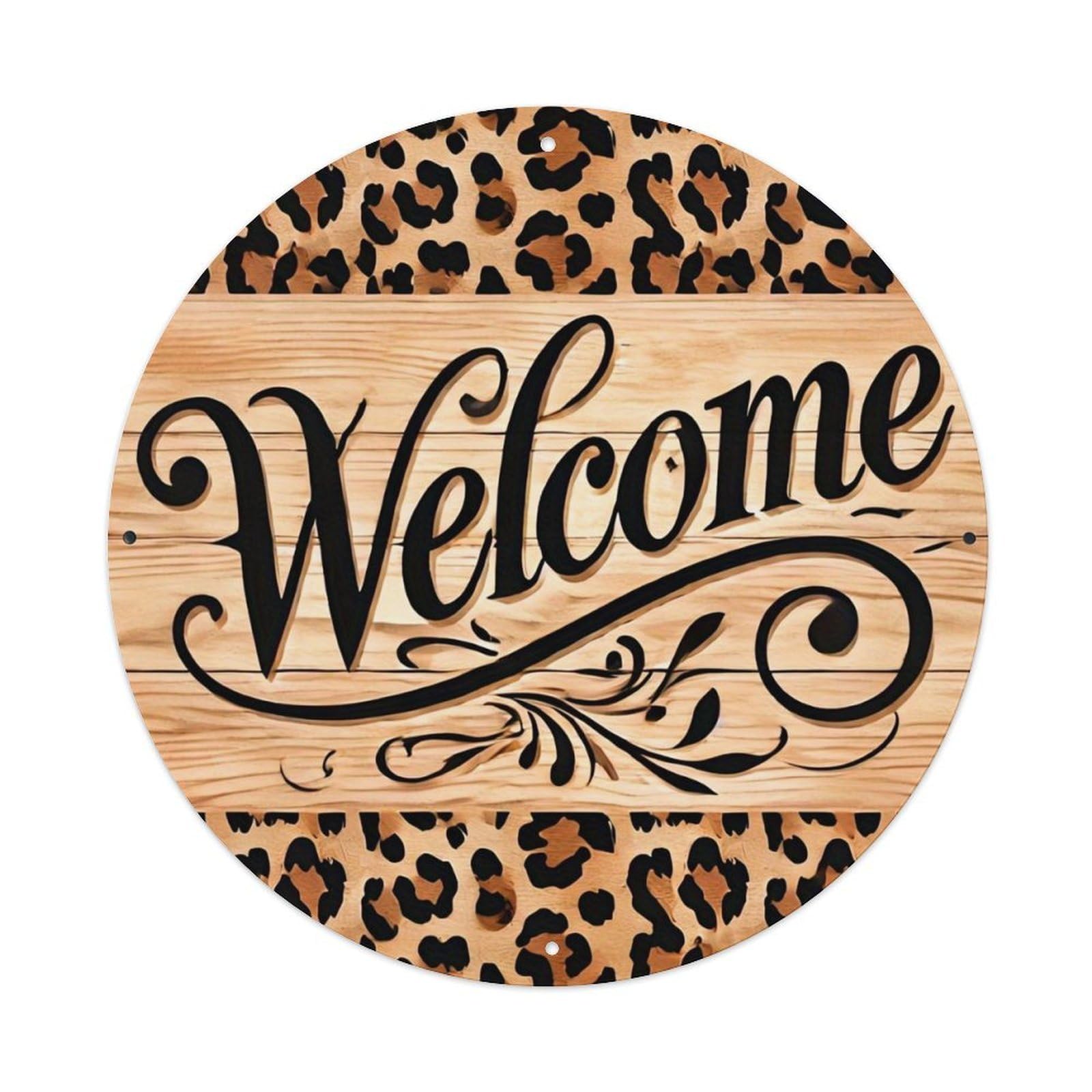 Plank Leopard Print Welcome Sign Tin Sign Metal Poster Vintage Metal Signs for Home Man Cave Bar Cafe Kitchen laundry room Wall Decorations Gift 8x8Inch