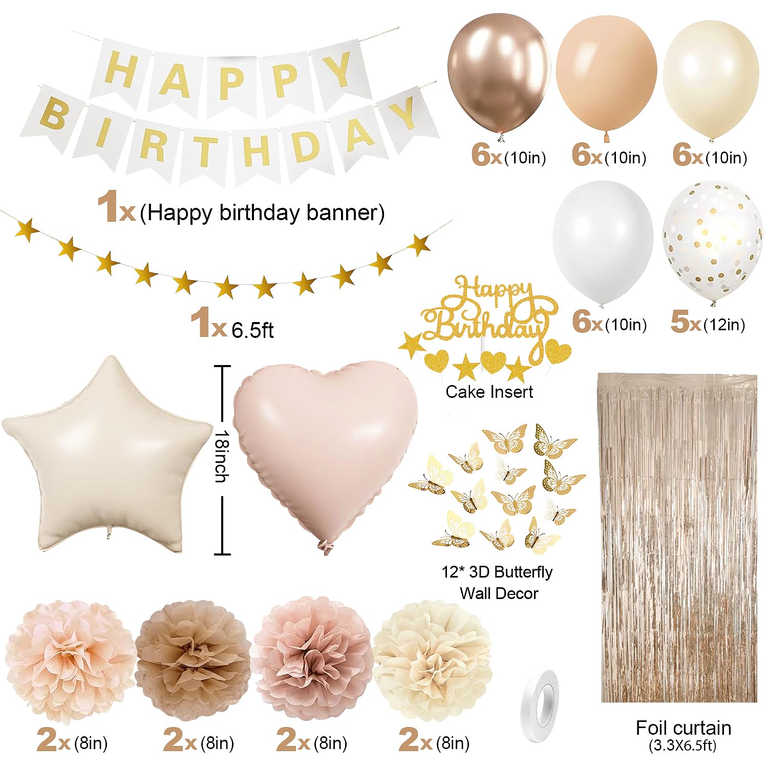 lambent Happy Birthday Decorations Kits for Women Girls,Champagne-Gold Beige Fall Boho Birthday Party Decorations with Foil Balloons,Birthday Banner,Star Banner,Fringe Curtain,Cake Topper