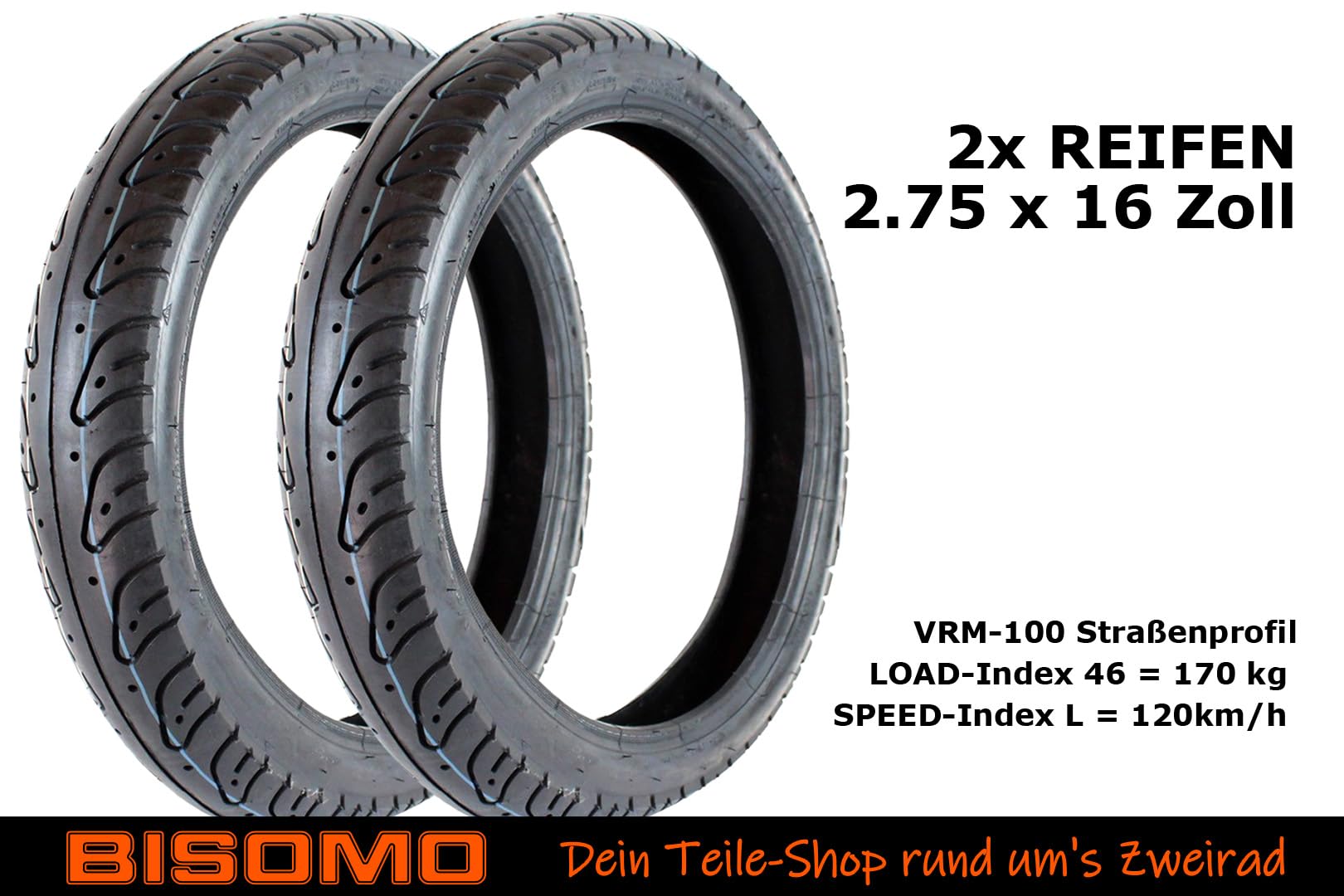 BISOMO 2 Reifen 2,75 x 16 Zoll Vee Rubber VRM-100 Straßenprofil, 46L für Simson S50, S51, S70, S53, KR51, SR4-2, SR4-3, SR4-4 Moped