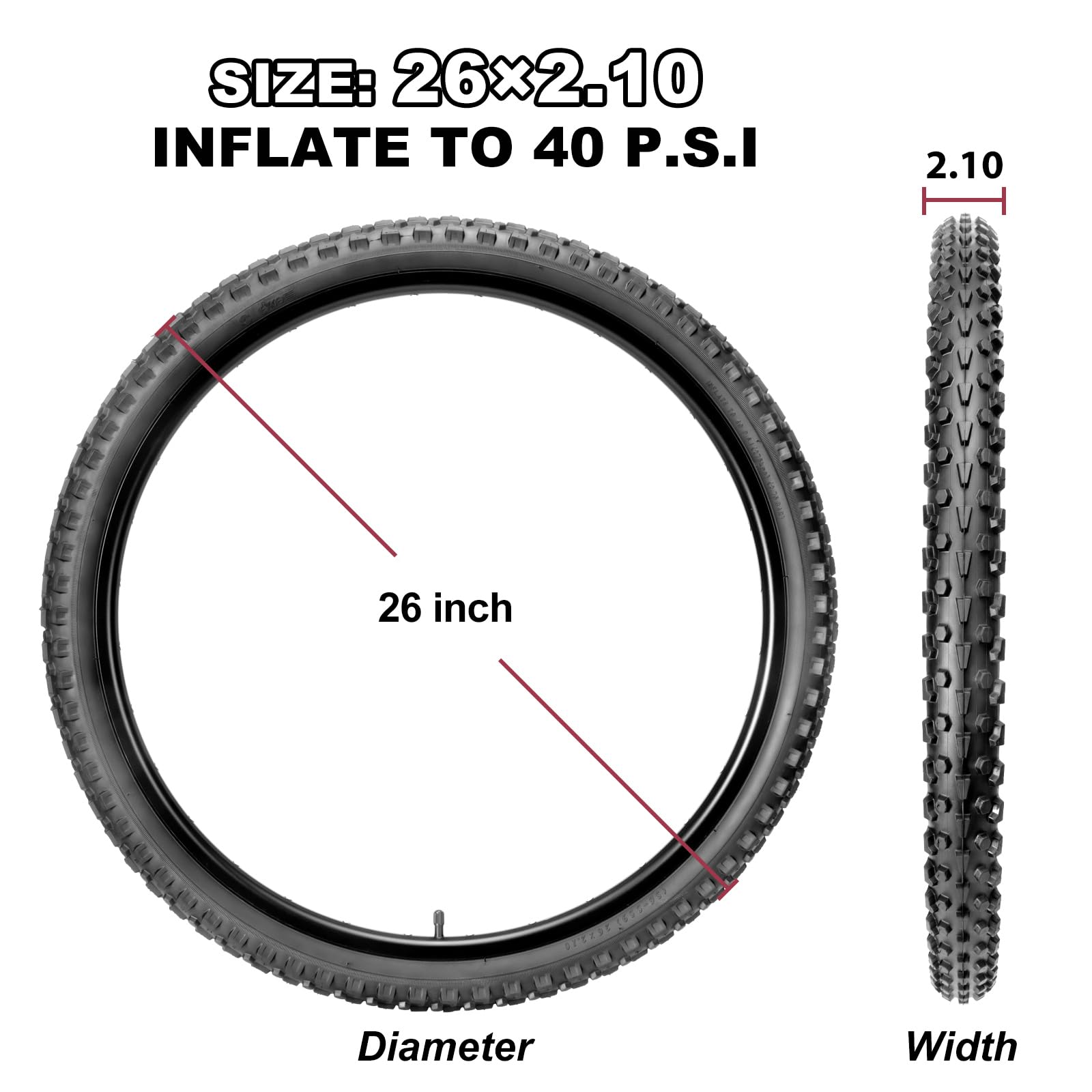 Juego de neumáticos y tubos para bicicleta de montaña: 26 x 2.1 pulgadas, neumáticos MTB resistentes a pinchazos con tubos interiores de butilo de alta resistencia y palancas de neumáticos