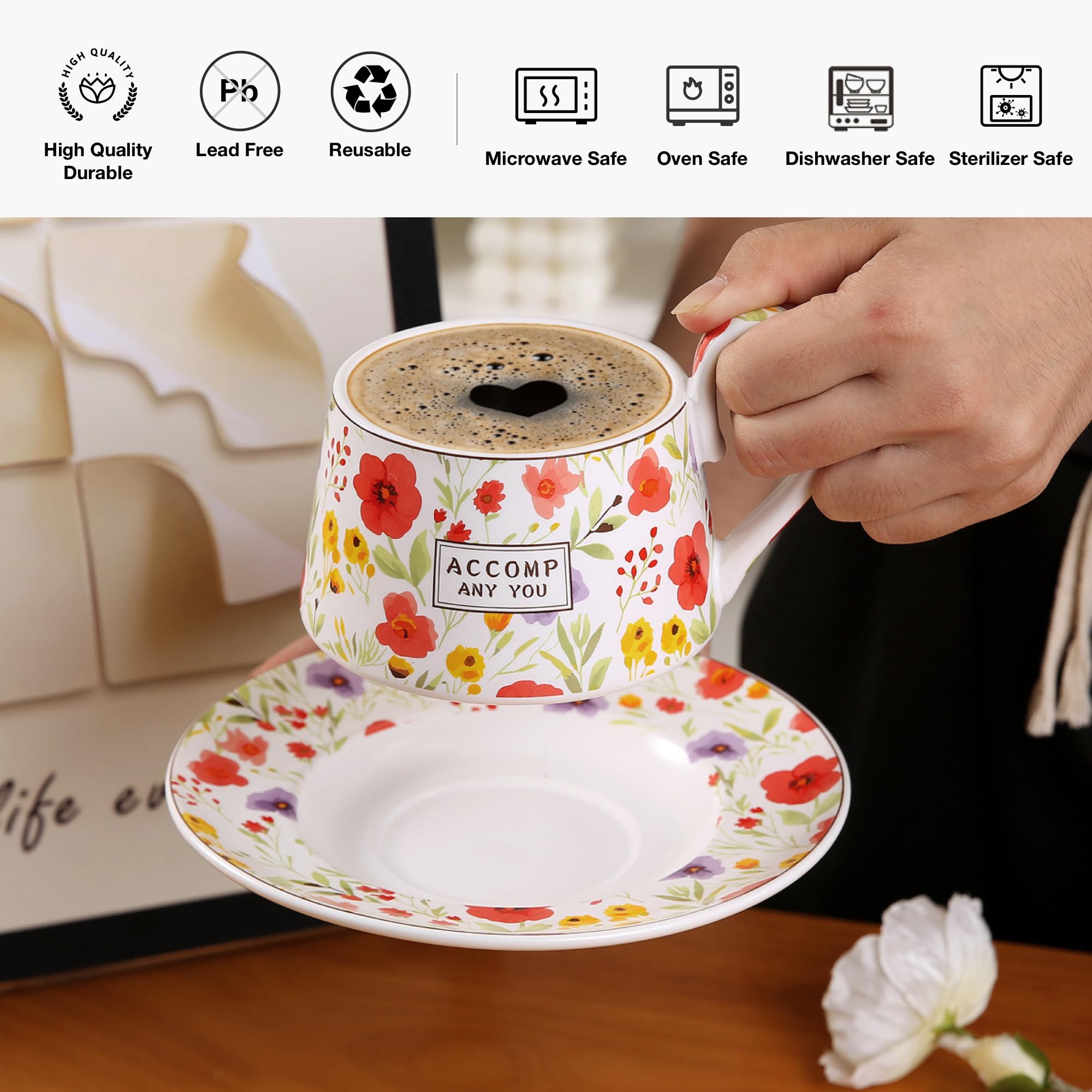 Kubek do kawy – ceramiczny kubek do kawy do domowej popołudniowej herbaty kwiat herbata filiżanka 300 ml idealny do cappuccino i latte, idealny na popołudniowe spotkania herbaciane i różne okazje
