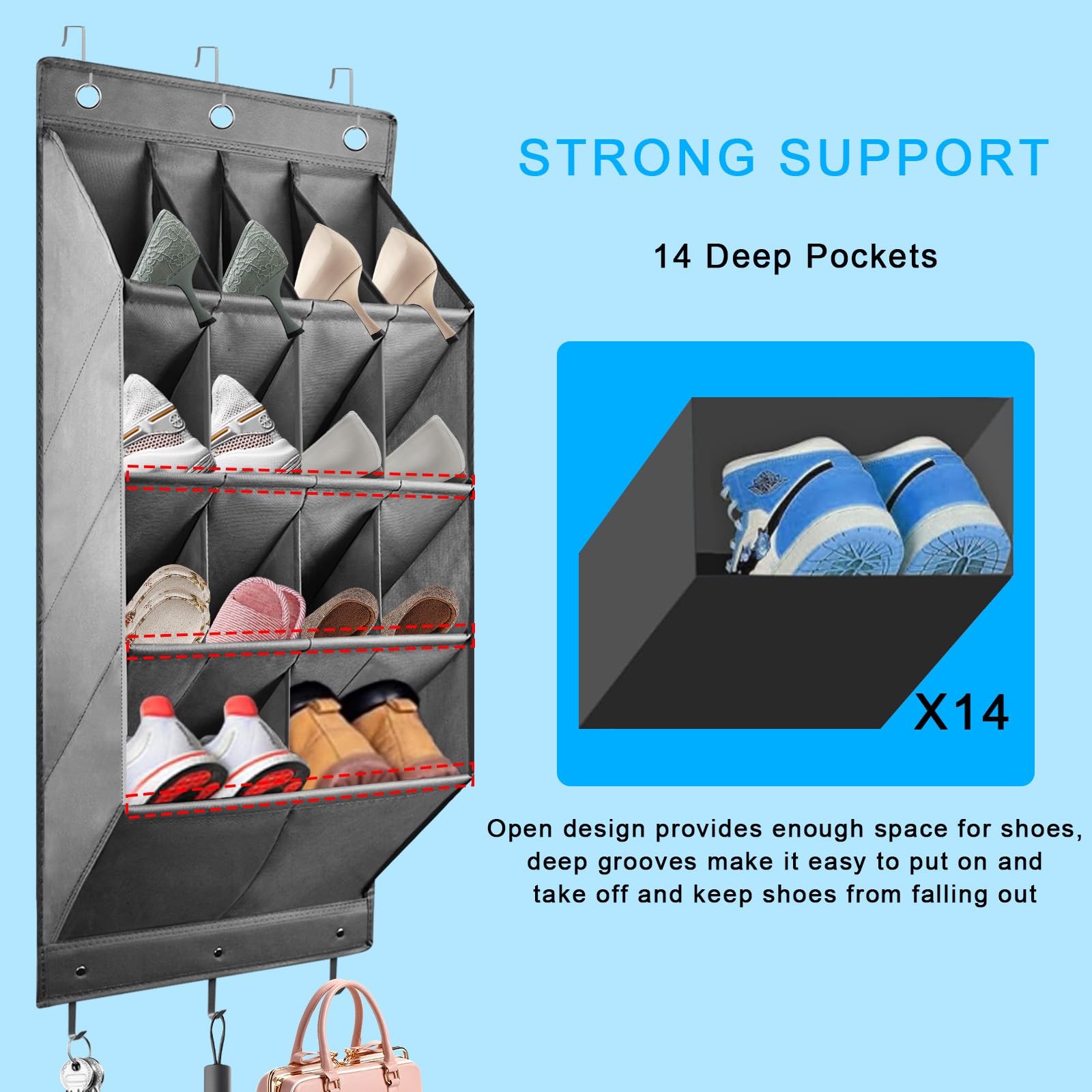 Scarpiera porta, scarpiera da appendere, organizer da appendere con 6 ganci, porta scarpe con 14 tasche profonde per scarpe, accessori per la casa, ecc. (grigio)