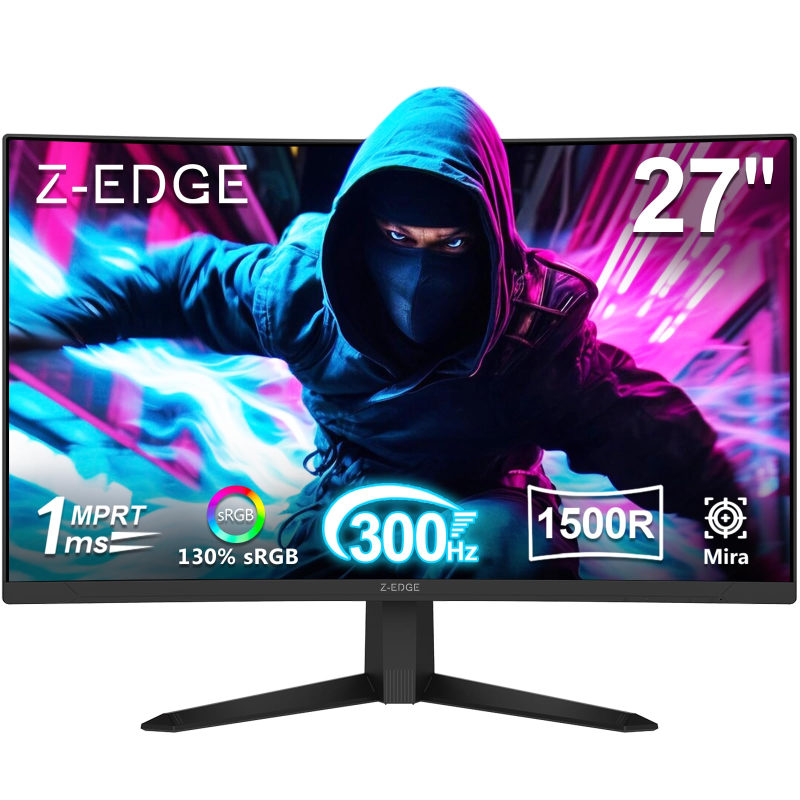 Monitor Gamer Curvo 27 polegadas Z-Edge, FHD 1080P, 300 Hz, 280 Hz e 240 Hz, monitor pc 1500R, MPRT de 1 ms, 2 portas DP 1.4 e 2 portas HDMI 2.0, Ajuste de Inclinação, Suporte VESA, Sem Bordas