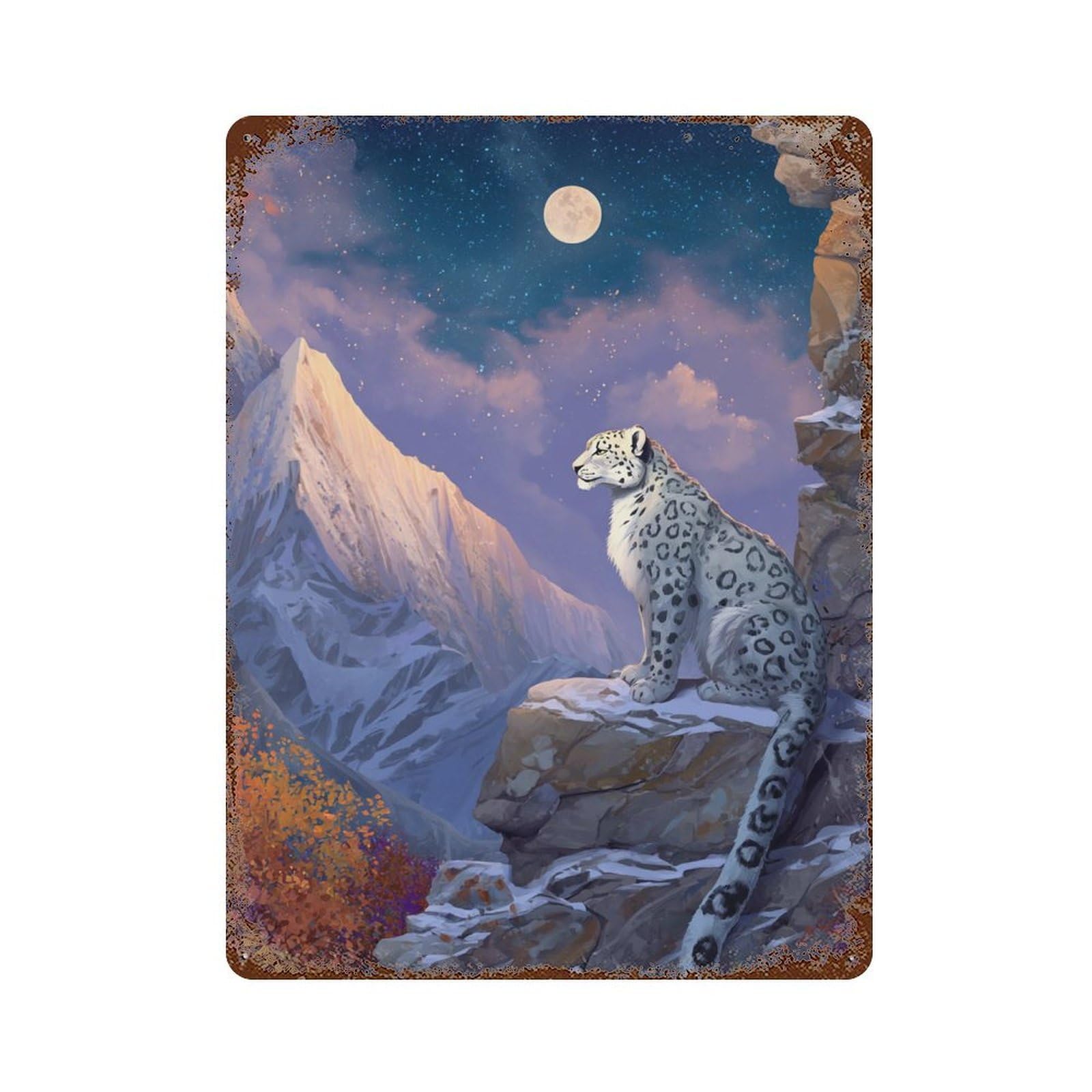 Snow Leopard Moonlit Mountain Weathered Tin Sign 15.7"x11.8", Decorative Metal Wall Art for Garage, Bar And Workshop Decor