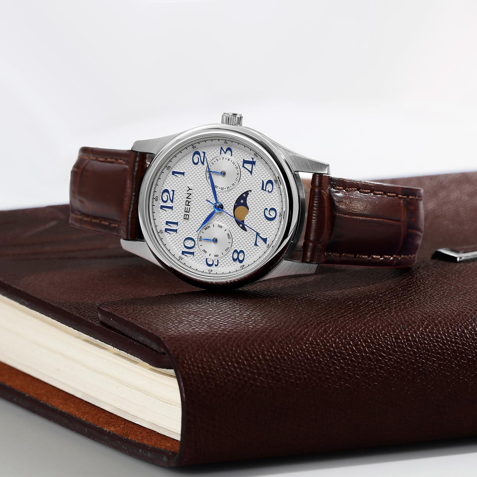 BERNY Orologio al quarzo per le donne Fasi lunari Orologi da polso da donna Facile lettura Numeri arabi Quadrante Analogico Orologi Sub-dail con Data Calendario Giorno Cinturino in pelle Genuine