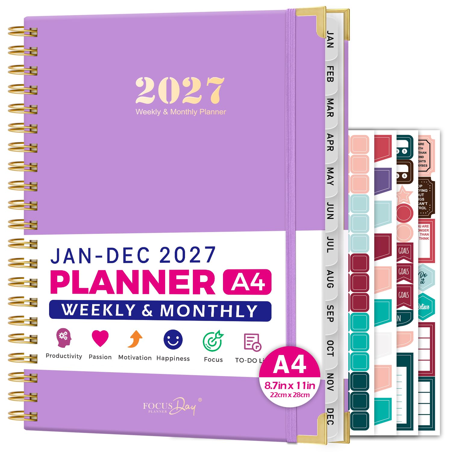 Diary 2027, Jan 2027 - Dec 2027, A4 (22 X 28 cm) Week to View, Spiral Bound Weekly & Monthly Planner for Women/Men, 4 Planning Stickers, 100GSM Thick Paper, School Office Supplies, Purple