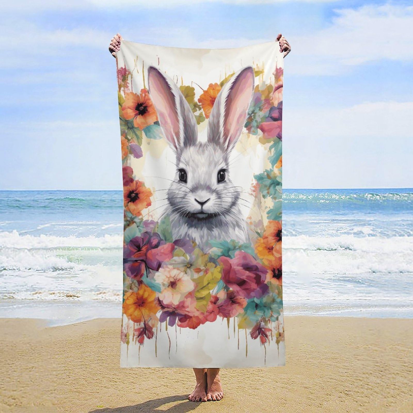 NTVOWPZO Watercolor Rabbit and Flowers Beach Towel Oversized Microfiber Bath Towels Lightweight Sand Proof Beach Towels Absorbent Pool Towels for Swimming Yoga Bathroom Towel 31.5" X 63"