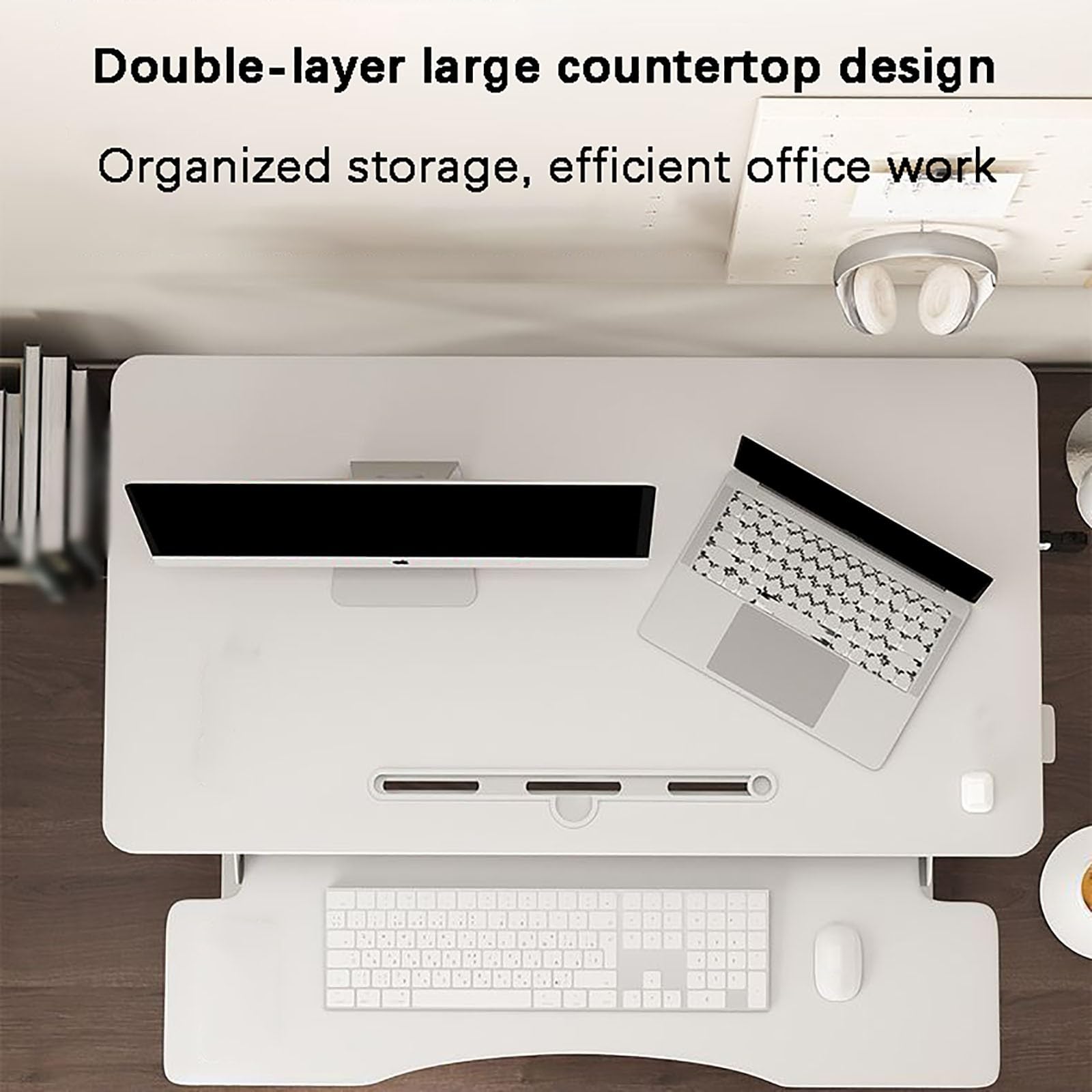 Poste Travail Assis-Debout Réglable Convertisseur Bureau Hauteur Ajustable Station Assis Debout Standing Desk Converter Natural wood color