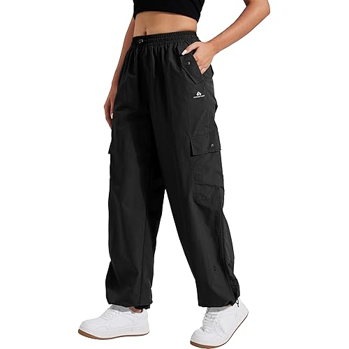Pioneer Camp Womens Parachute Cargo Pants with Pockets Baggy High Waisted Quick Dry Hiking Pants Lightweight Wide Leg