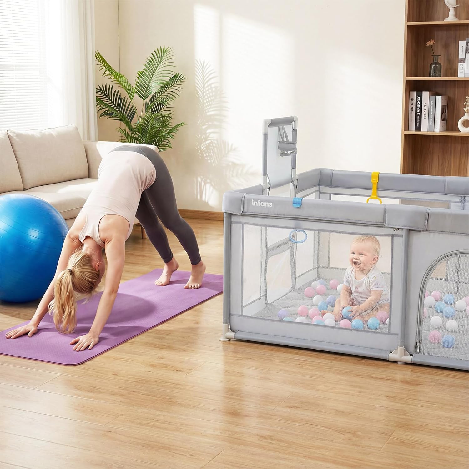 INFANS 74" x 62" Baby Playpen with Soft Mat, Basketball Hoop, 2 Soccer Goals, 4 Handles & 50 Ocean Balls, Breathable Mesh, Indoor & Outdoor Large Play Yard for Toddlers (Moon Light)