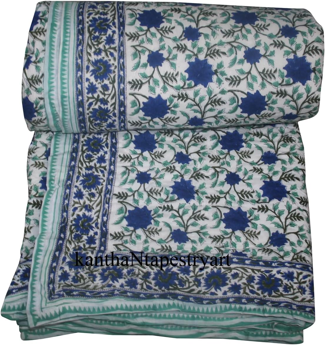 kanthaNtapestryart Indian Designs Handmade Hand Block Print Quilt Razai Bedding Boho Bedspread Bed Quilt Throw Home Decor Jaipuri razai (King/Queen Size 90x108 Inch)