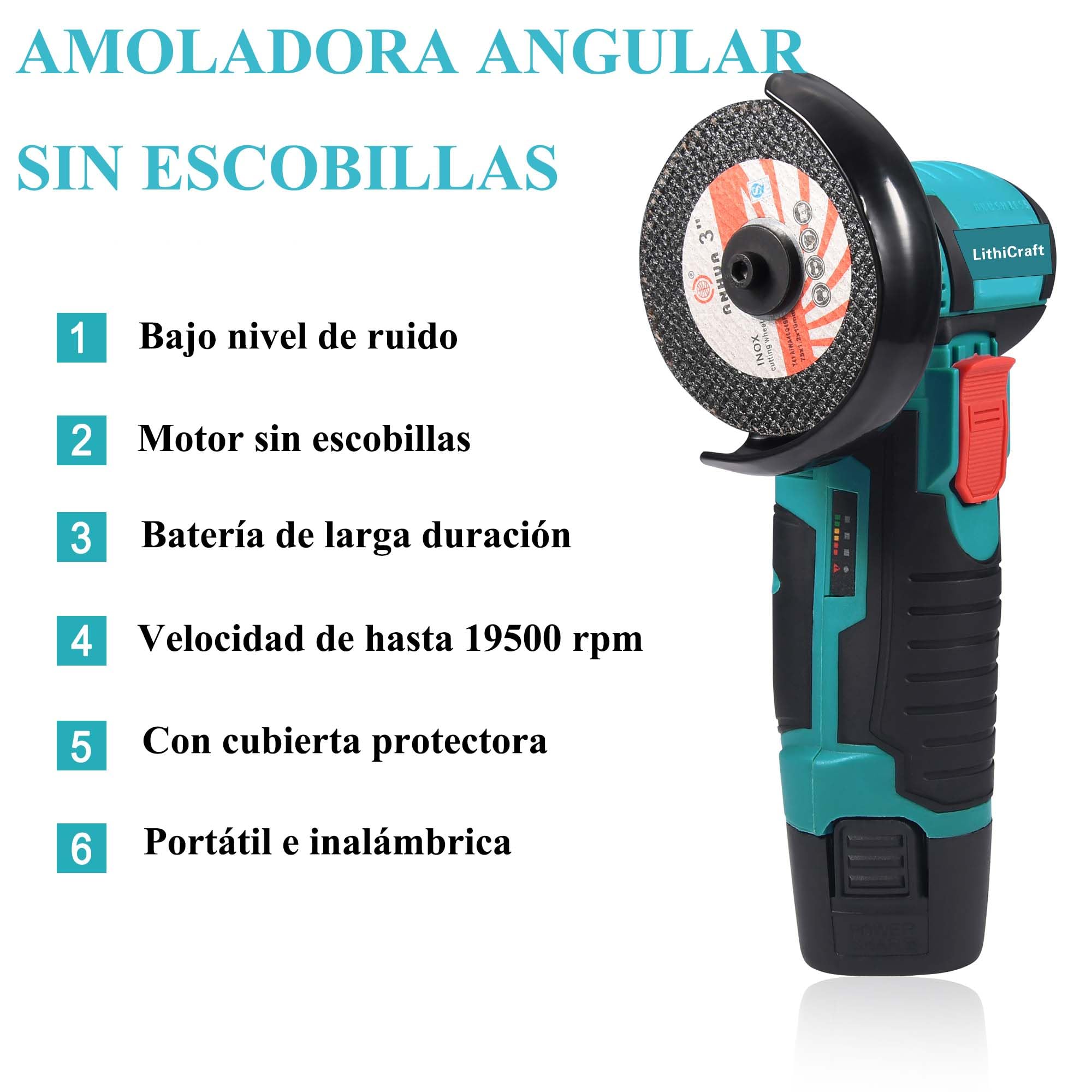 Mini Amoladora Angular Inalámbrica 12V, 76mm Motor Sin Escobillas 19500 RPM, Con 2 Baterías y 8 Discos, Radial Pequeña Cortadora Eléctrica para Metal, Madera y Azulejos