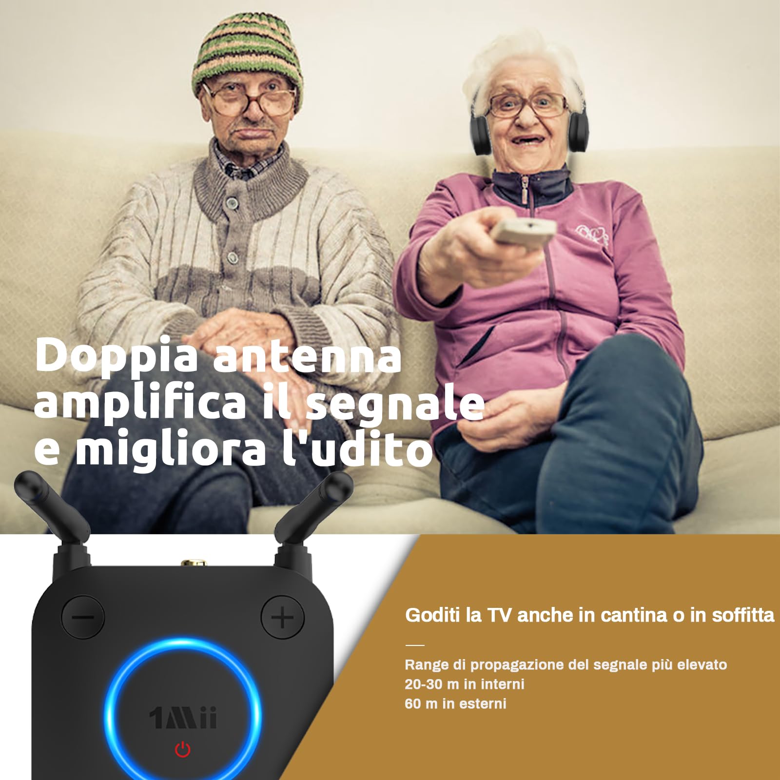1Mii B06TX Trasmettitore Bluetooth 5.3 per TV a 2 Cuffie Bluetooth | aptX Bassa Latenza/HD, Lungo Raggio 60m, Adattatore Audio Wireless con Ingresso Ottico, Coassiale, AUX/RCA, Controllo Volume