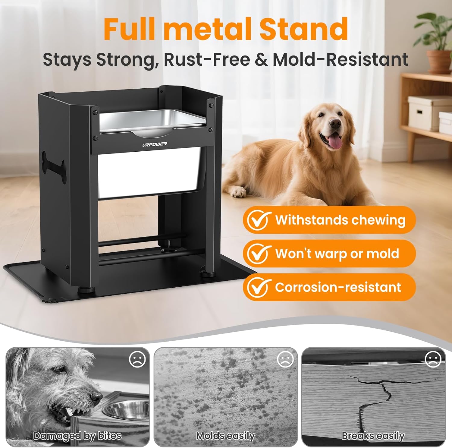 URPOWER 3 Gallon Mess Proof Elevated Dog Water Bowl for Large Breeds, 14.2" Raised Stainless Steel Bowl with Full Metal Stand - Non-Slip Mat, Relief Joint Pressure, Easy to Clean, Indoor/Outdoor Use