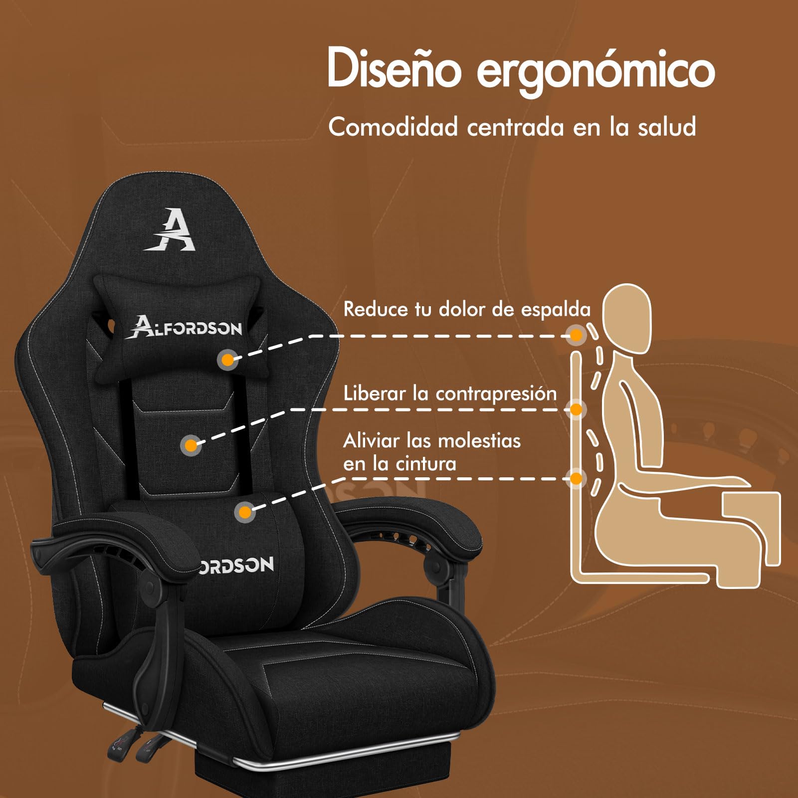 ALFORDSON Silla Gaming Ergonómica con Masaje, Silla Gamer de Oficina con Reposapiés Retráctil, Lumbar Massaggiante,Altura Ajustable,Asiento Cómodo,Reclinable 150°,Soporta 180 kg, Lino(Negra)